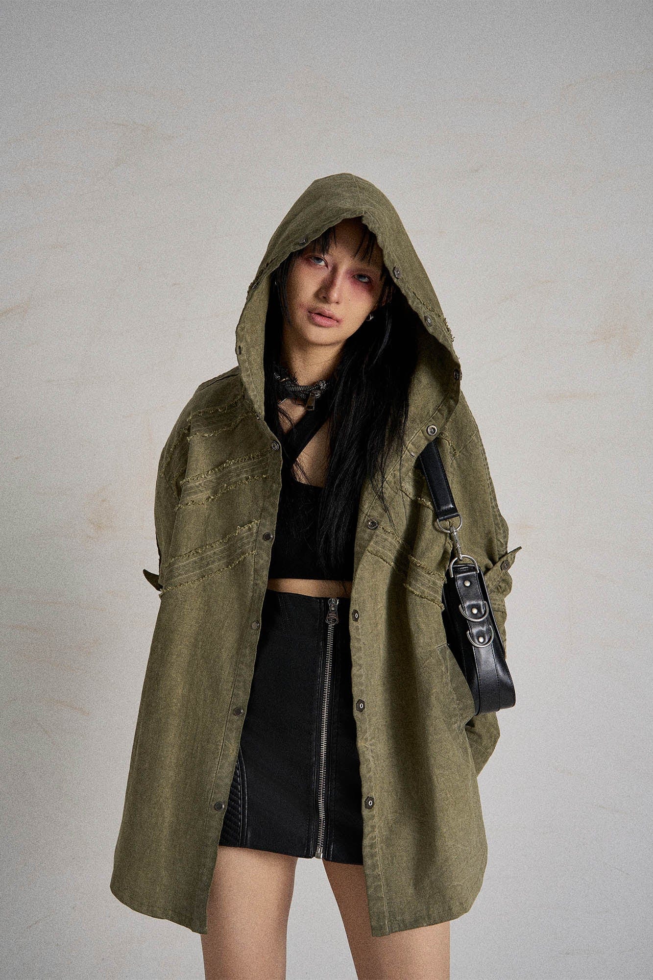 FLYERRER Frayed Fishbone Spliced Strap Hooded Jacket