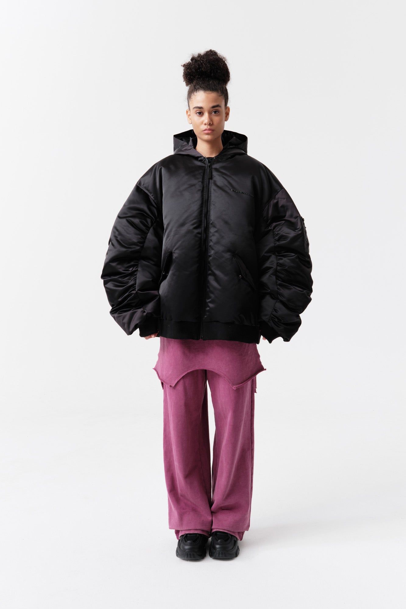 VANN VALRENCE Ruched Sleeve Oversized Hooded Down Jacket