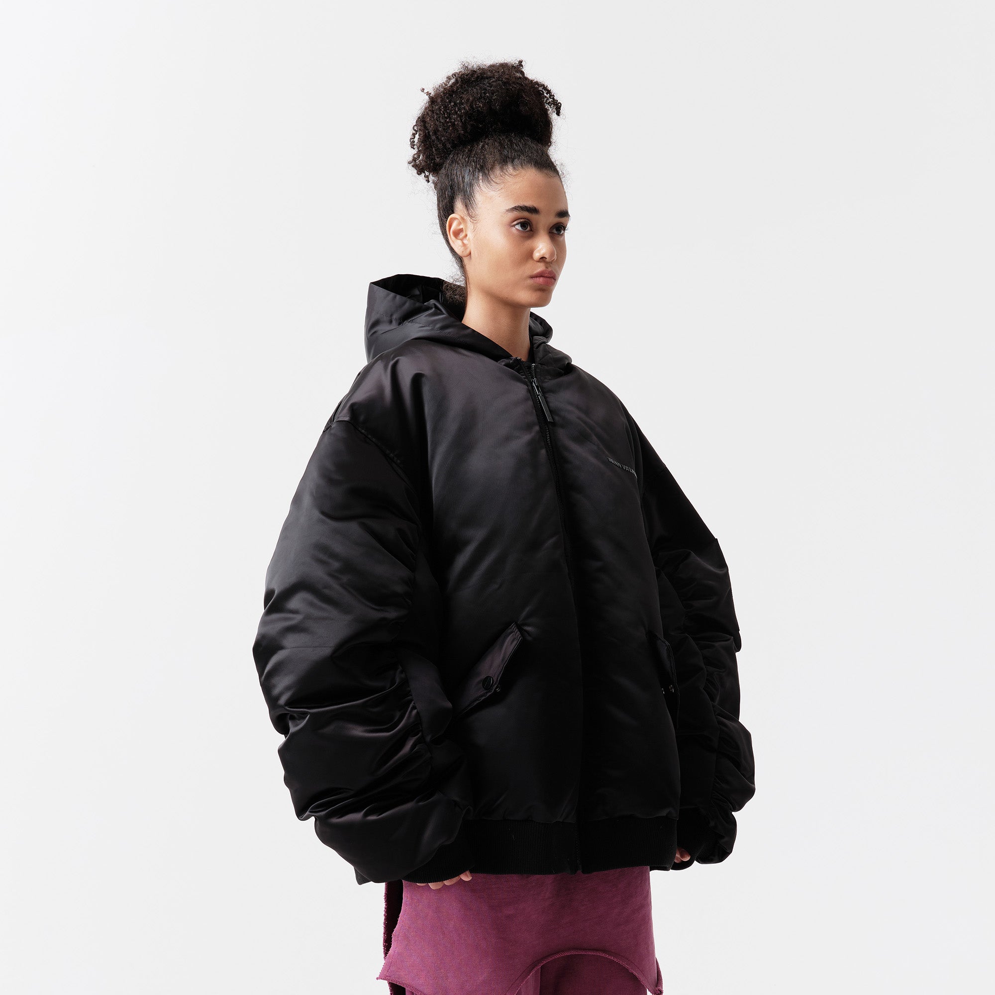 VANN VALRENCE Ruched Sleeve Oversized Hooded Down Jacket