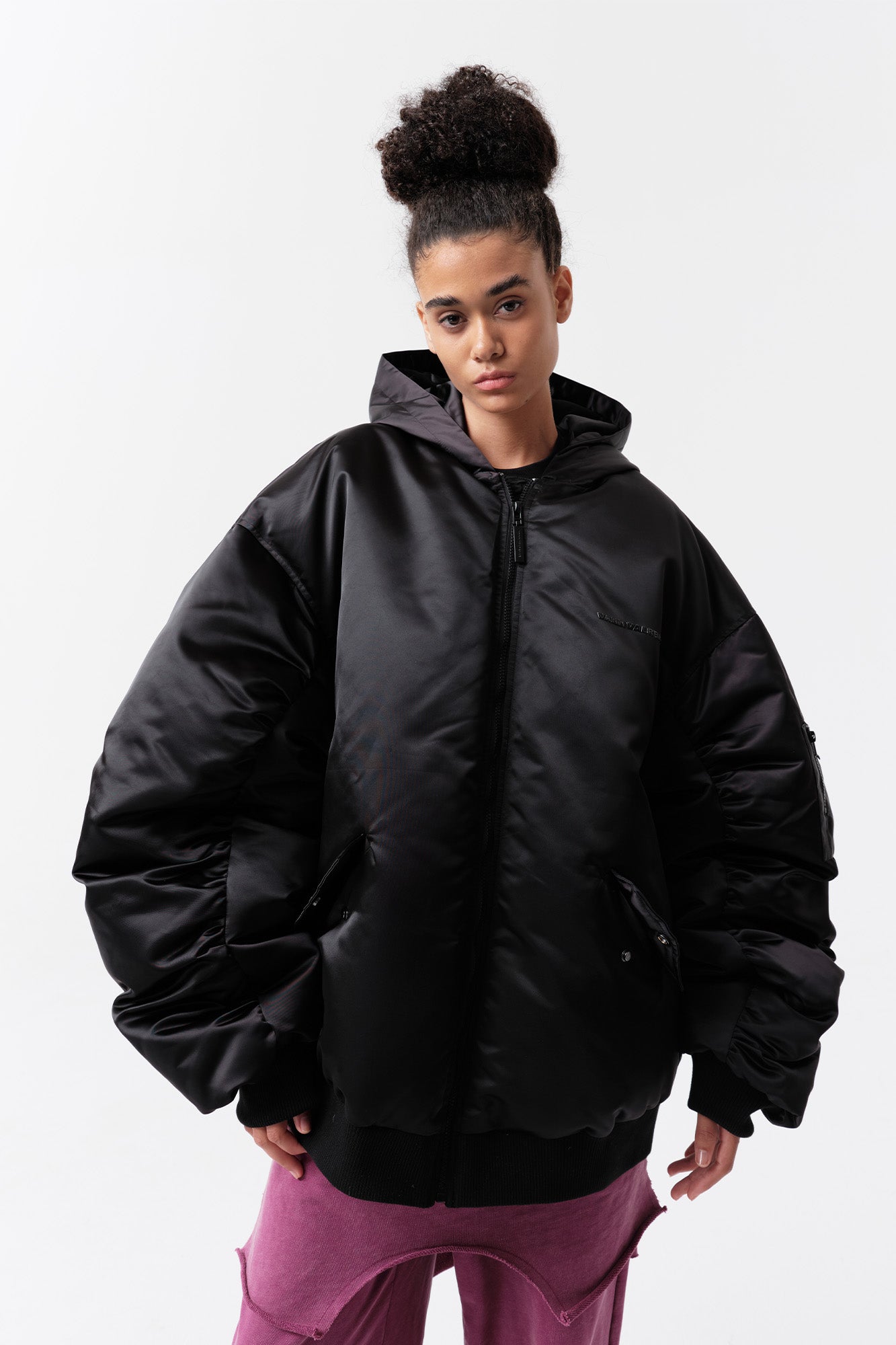 VANN VALRENCE Ruched Sleeve Oversized Hooded Down Jacket