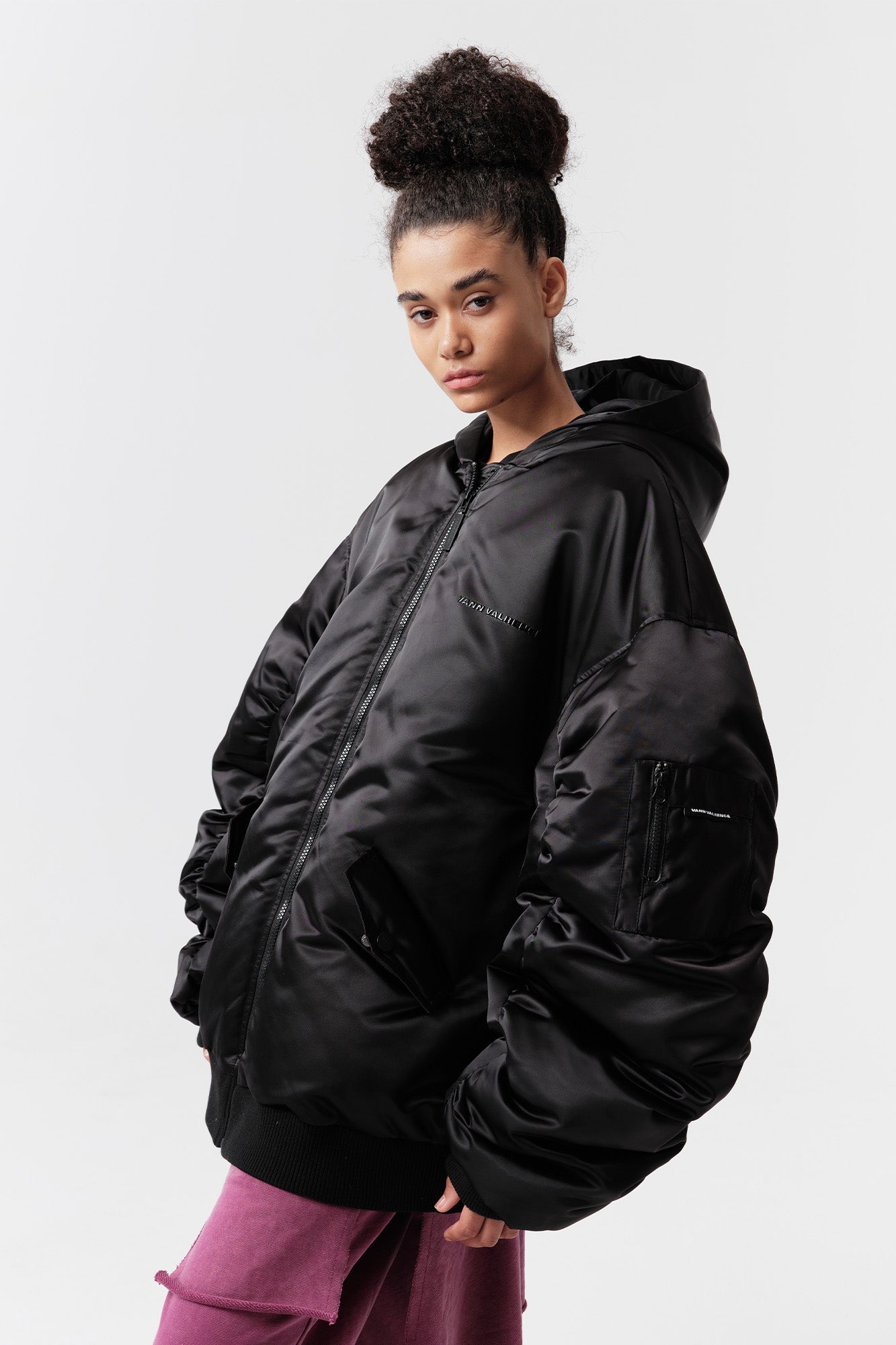 VANN VALRENCE Ruched Sleeve Oversized Hooded Down Jacket