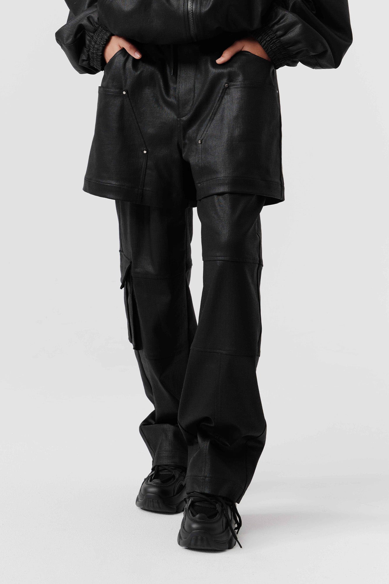 VANN VALRENCE Rivet Layered Coated Denim Pants