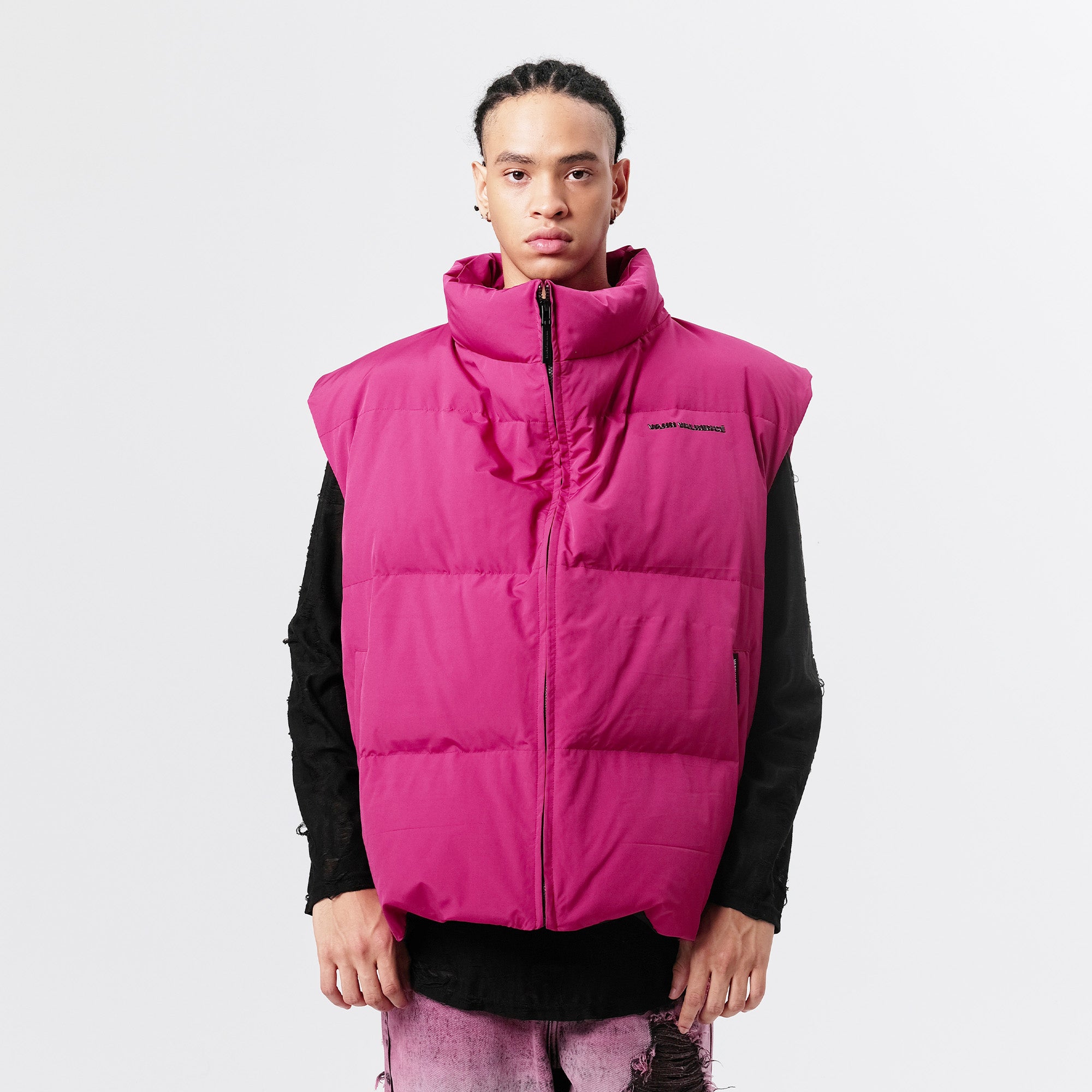 VANN VALRENCE High-Neck Oversized Down Vest Hot Pink