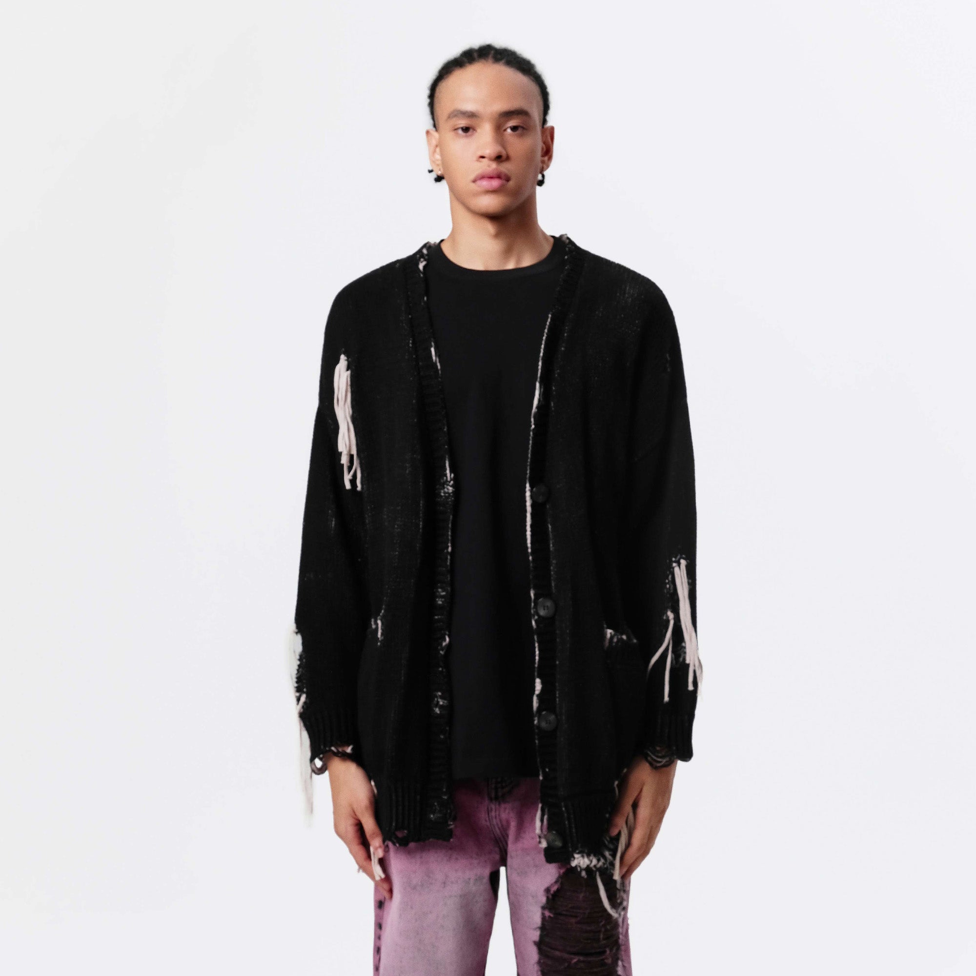 VANN VALRENCE Distressed Frayed Spray V-Neck Cardigan