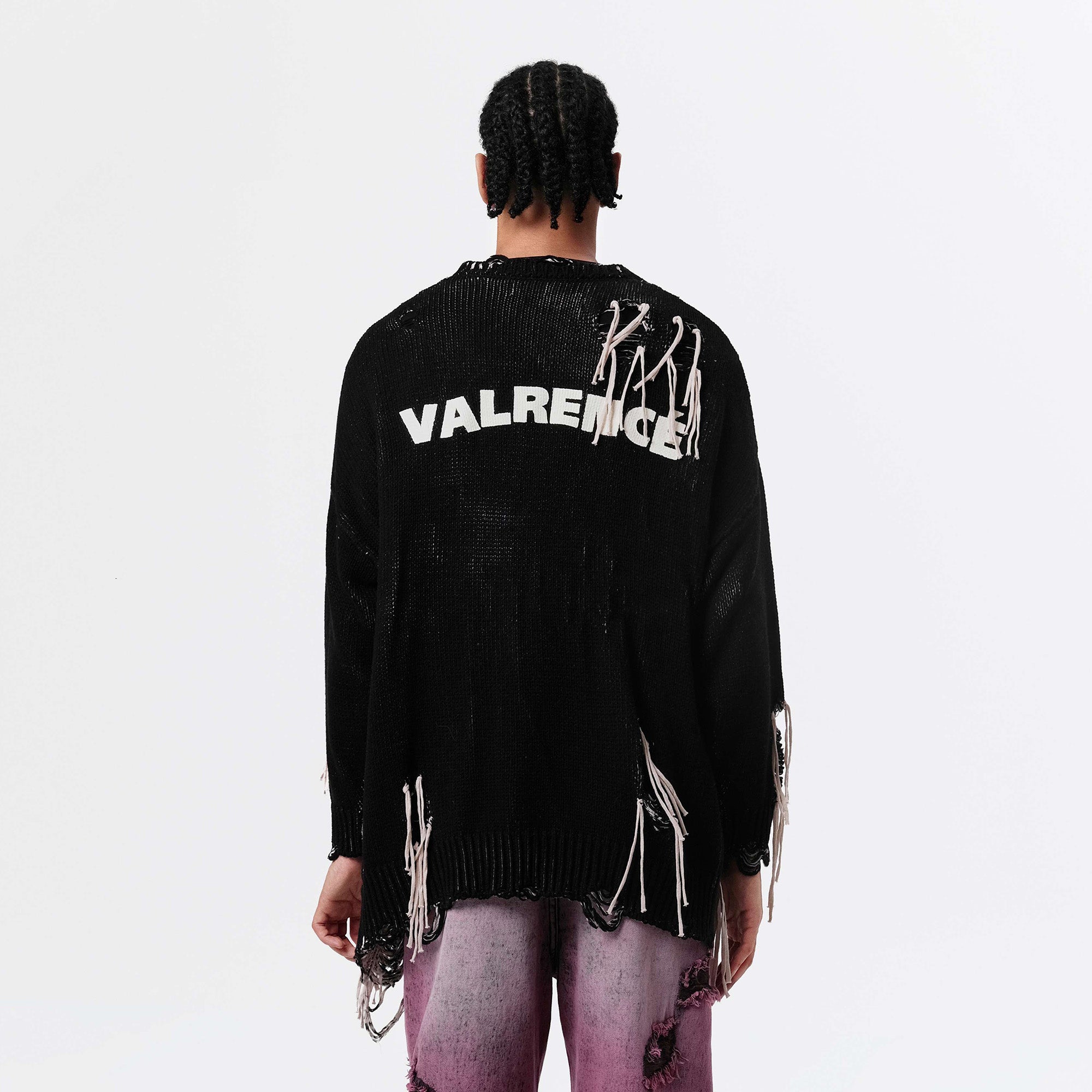 VANN VALRENCE Distressed Frayed Spray V-Neck Cardigan