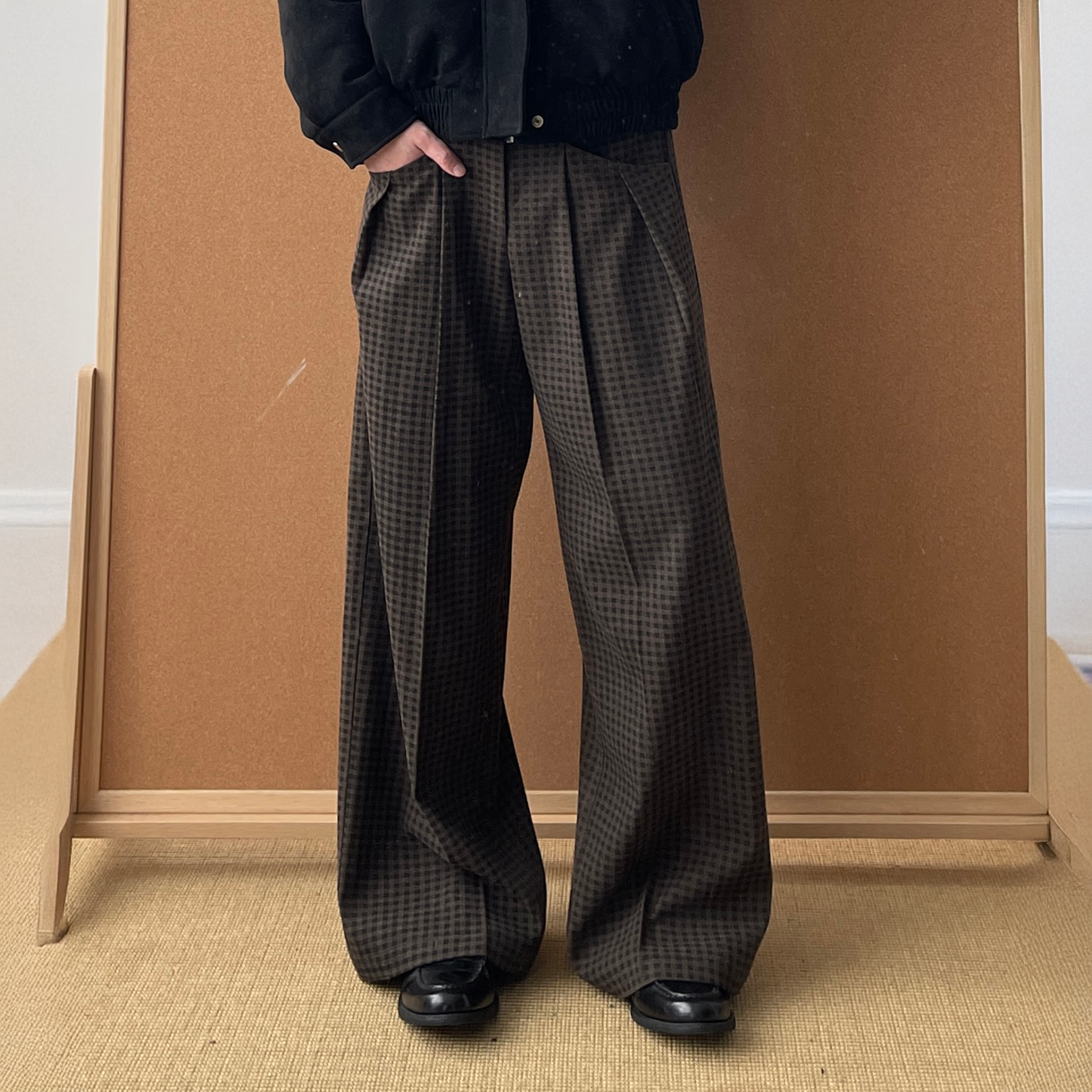 OKAYTHXBYE Retro Checks Double-Pleated Trousers