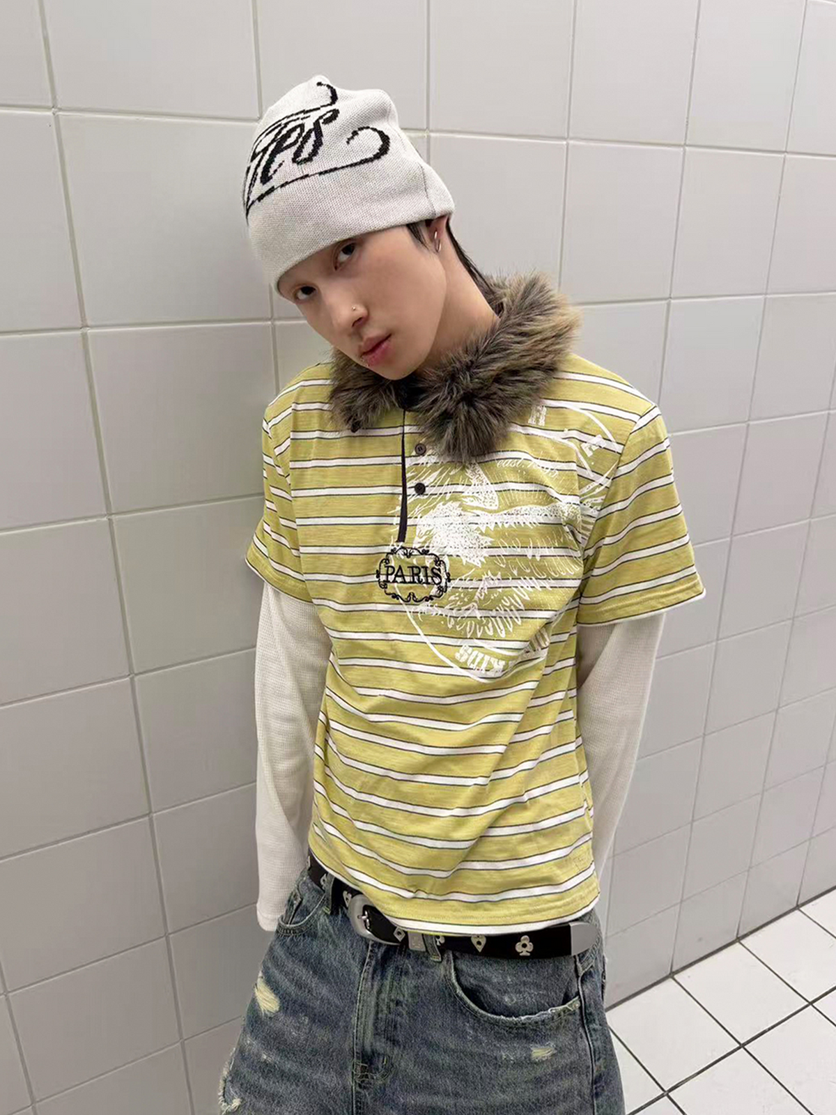 TRECLUB Fur-Collar Embroidered Striped Layered Long-Sleeve Tee