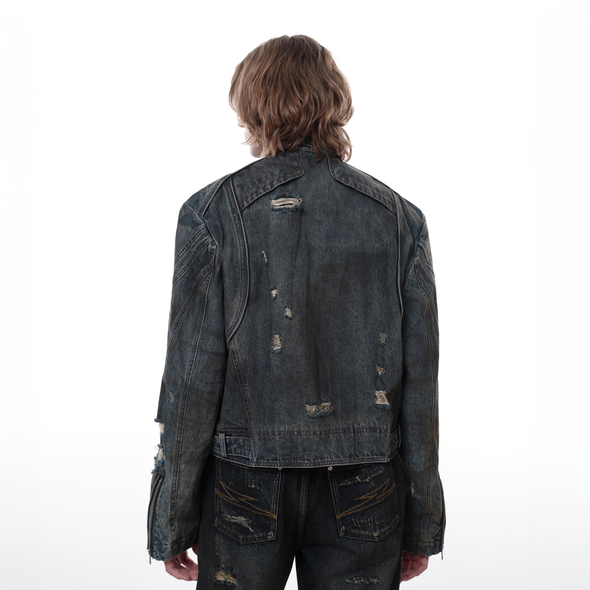 FACEONLAB Distressed Tie-Dye Ripped Biker Denim Jacket Black