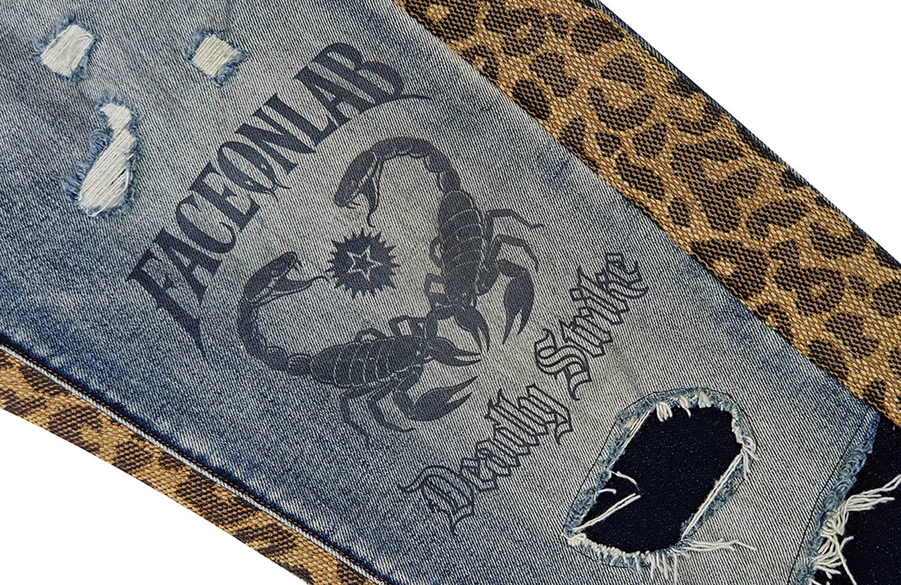 FACEONLAB Leopard Panel Distressed Straight-Leg Jeans