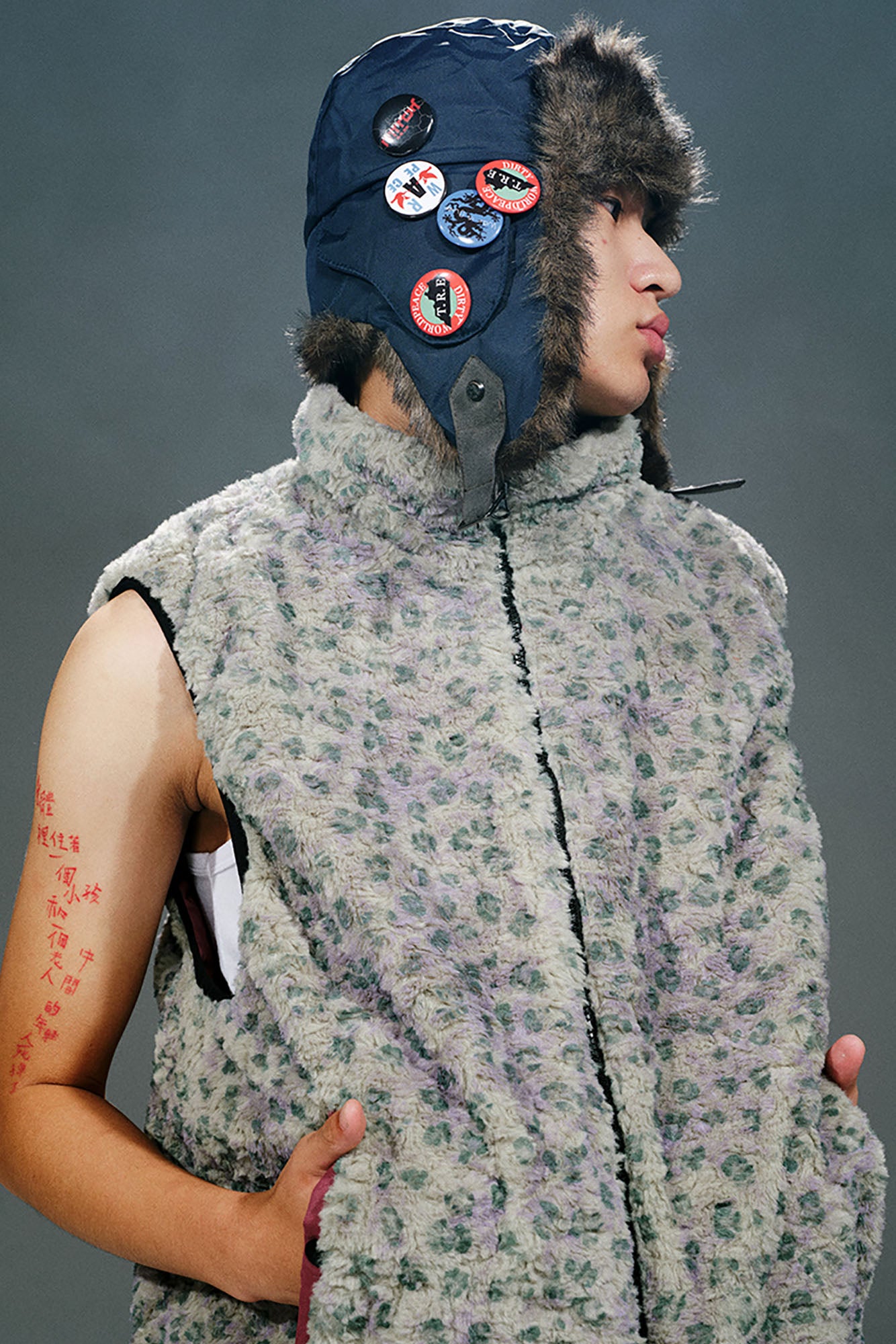 TRECLUB Faux-Fur Badge Aviator Hat