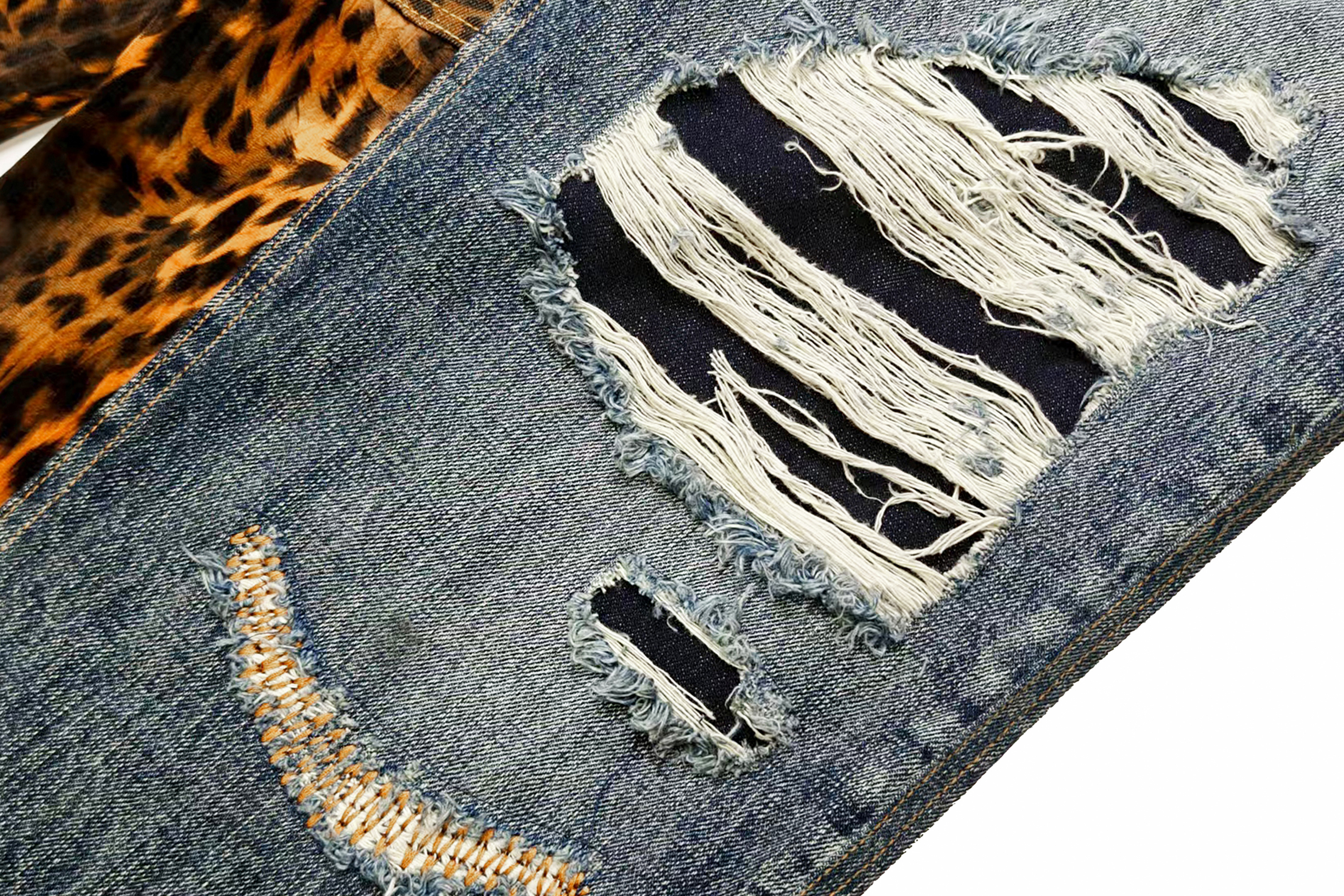 FACEONLAB Distressed Patch Leopard Paneled Jeans, premium urban and streetwear designers apparel on PROJECTISR.com, FACEONLAB