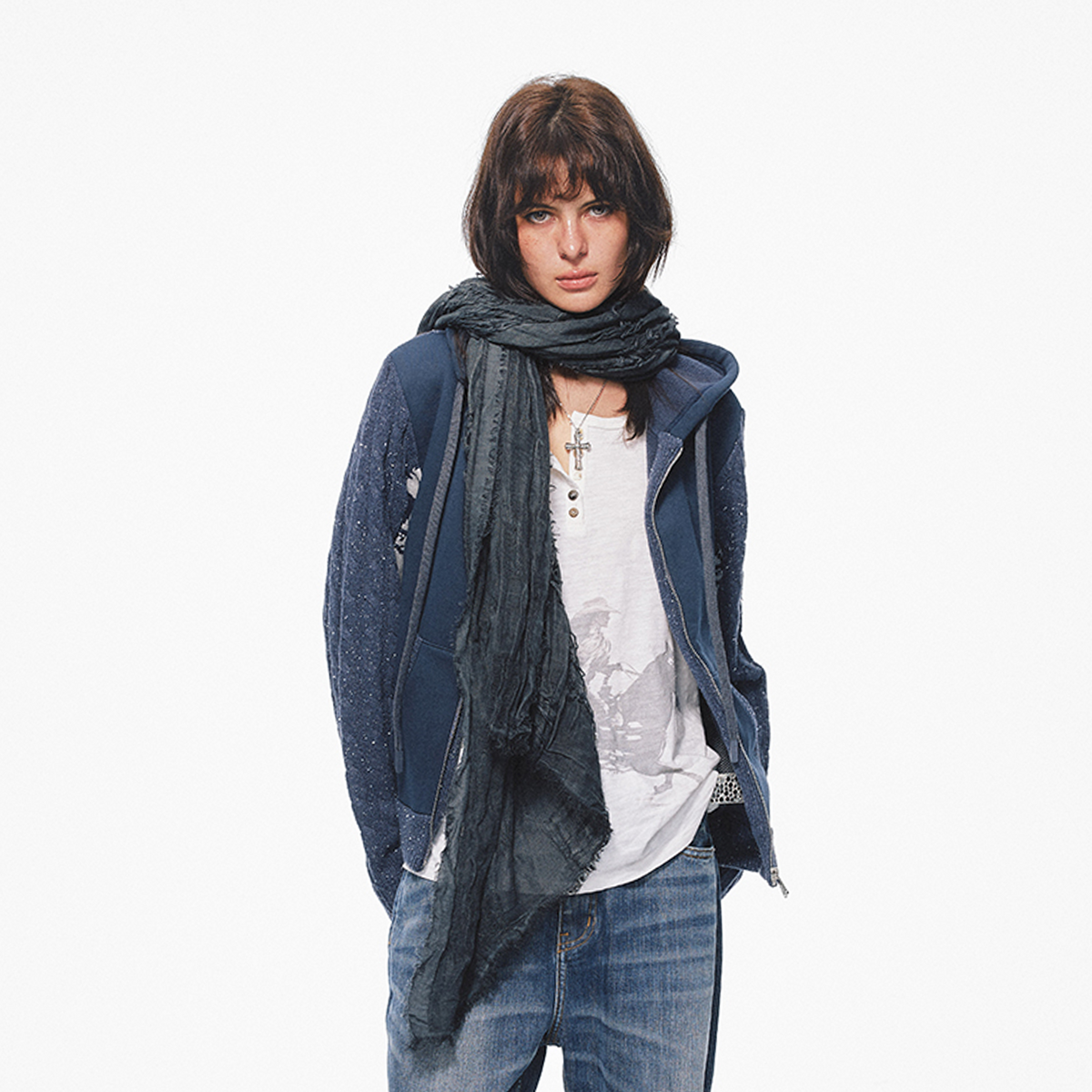 TRECLUB Skull Graphic Spliced Zip-Up Knit Hoodie