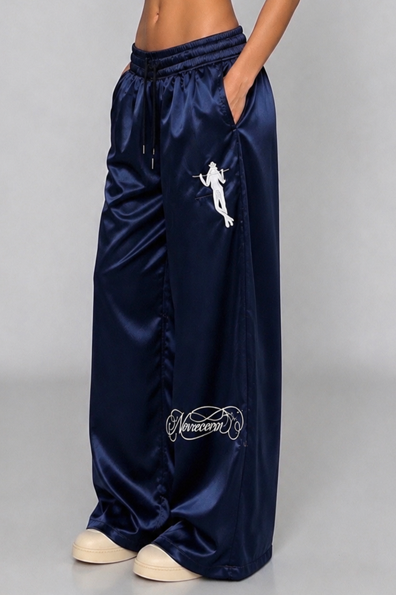 NOVACAM Satin Draped Embroidered Graphic Pants