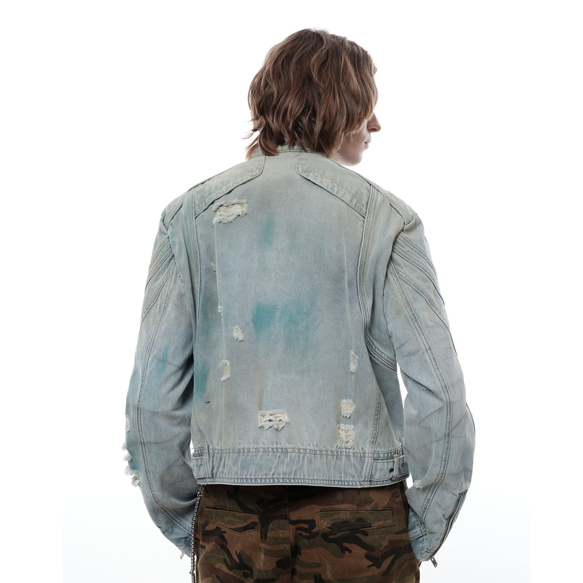 FACEONLAB Distressed Tie-Dye Ripped Biker Denim Jacket Blue