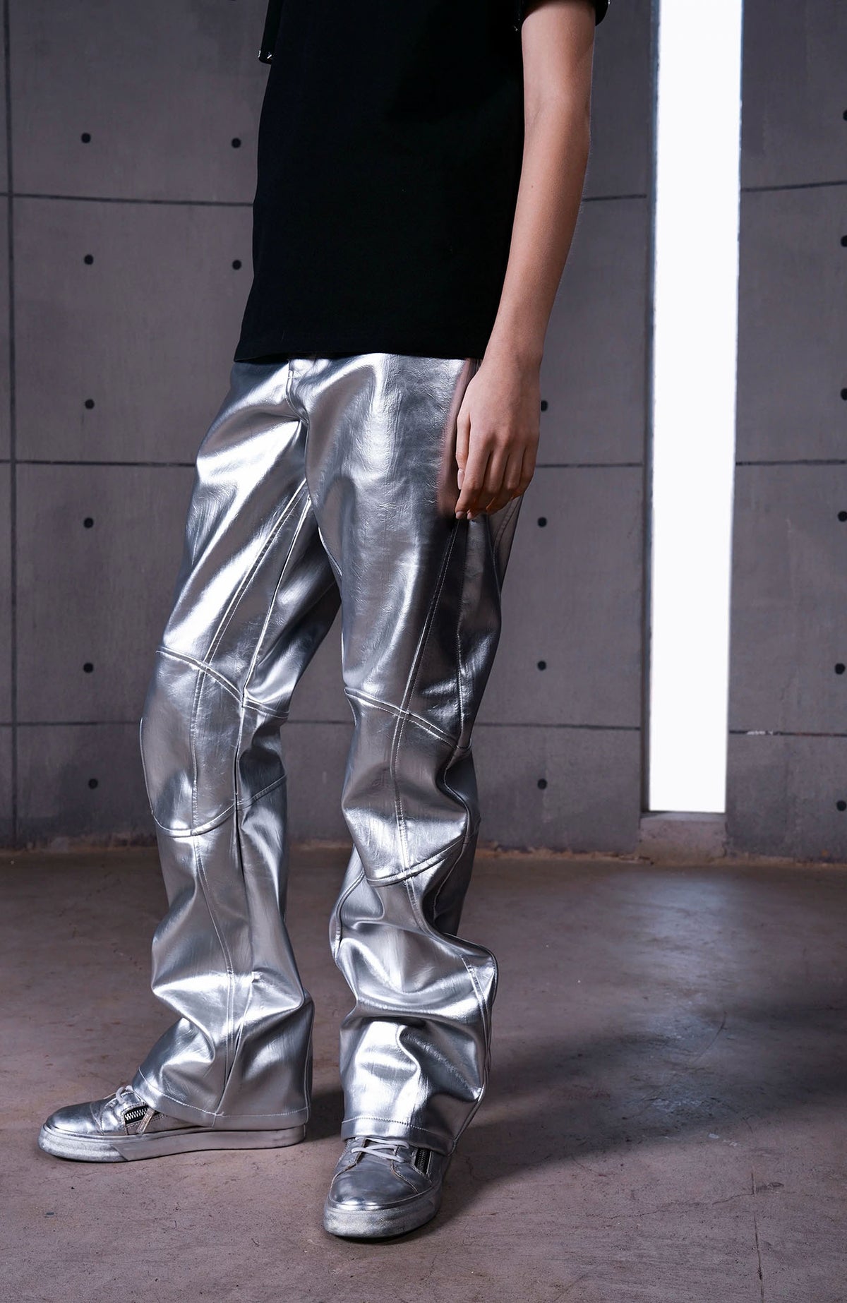 REBEL WAVE Silver Liquid Faux Leather Straight-Leg Pants