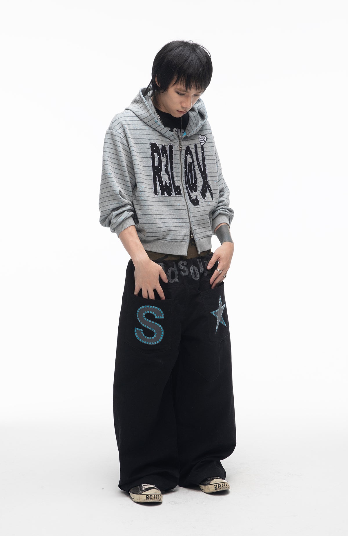 SADSOUP Striped Patchwork Zip-Up Hoodie