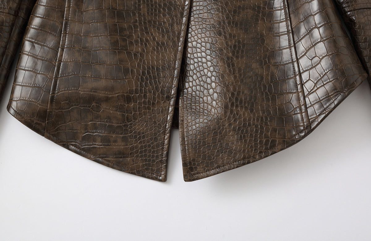 CLP Retro Croc-Embossed Cinched-Waist Biker Jacket