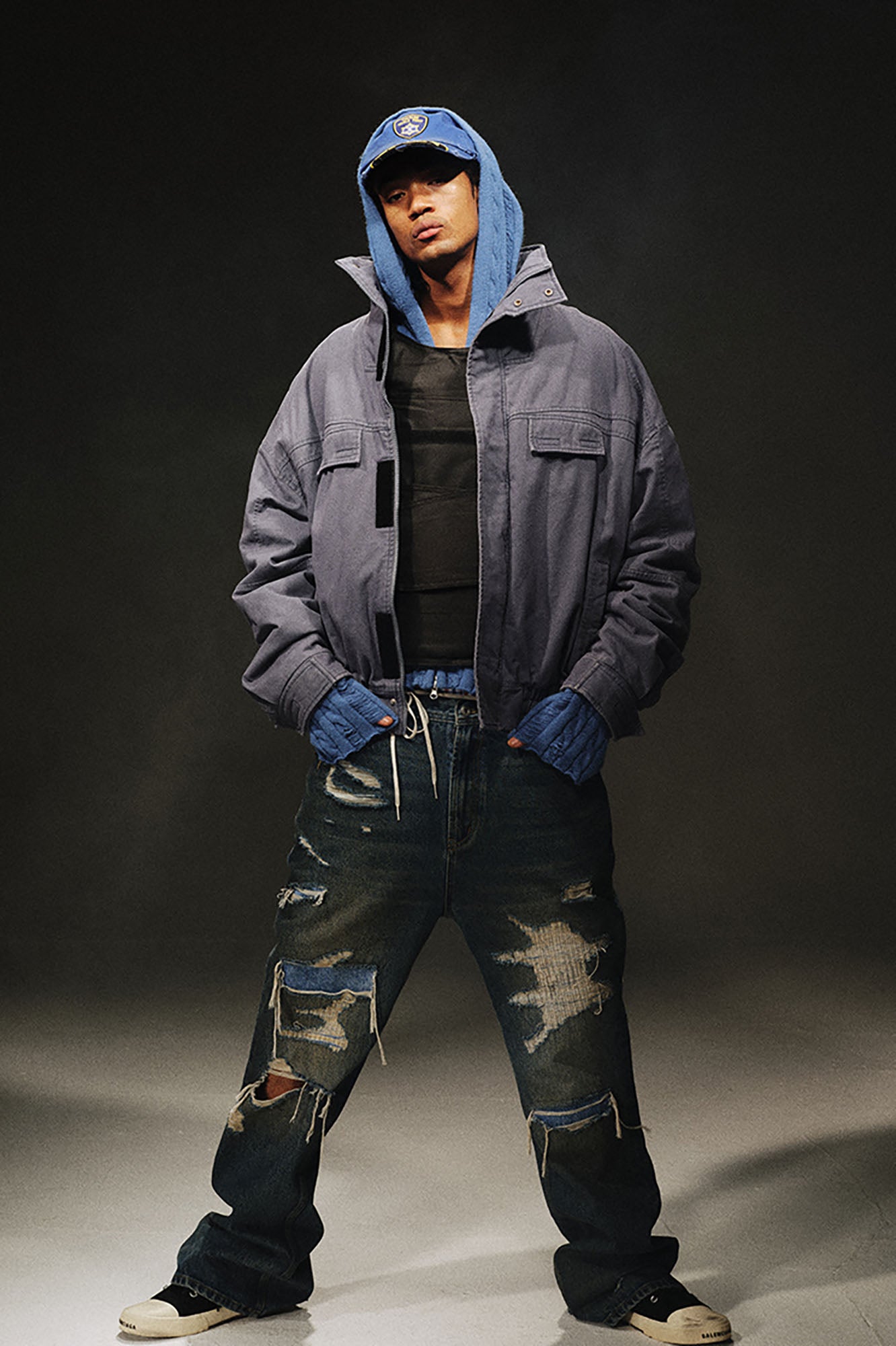 TRECLUB Washed Faux Fur Lined Bomber Jacket