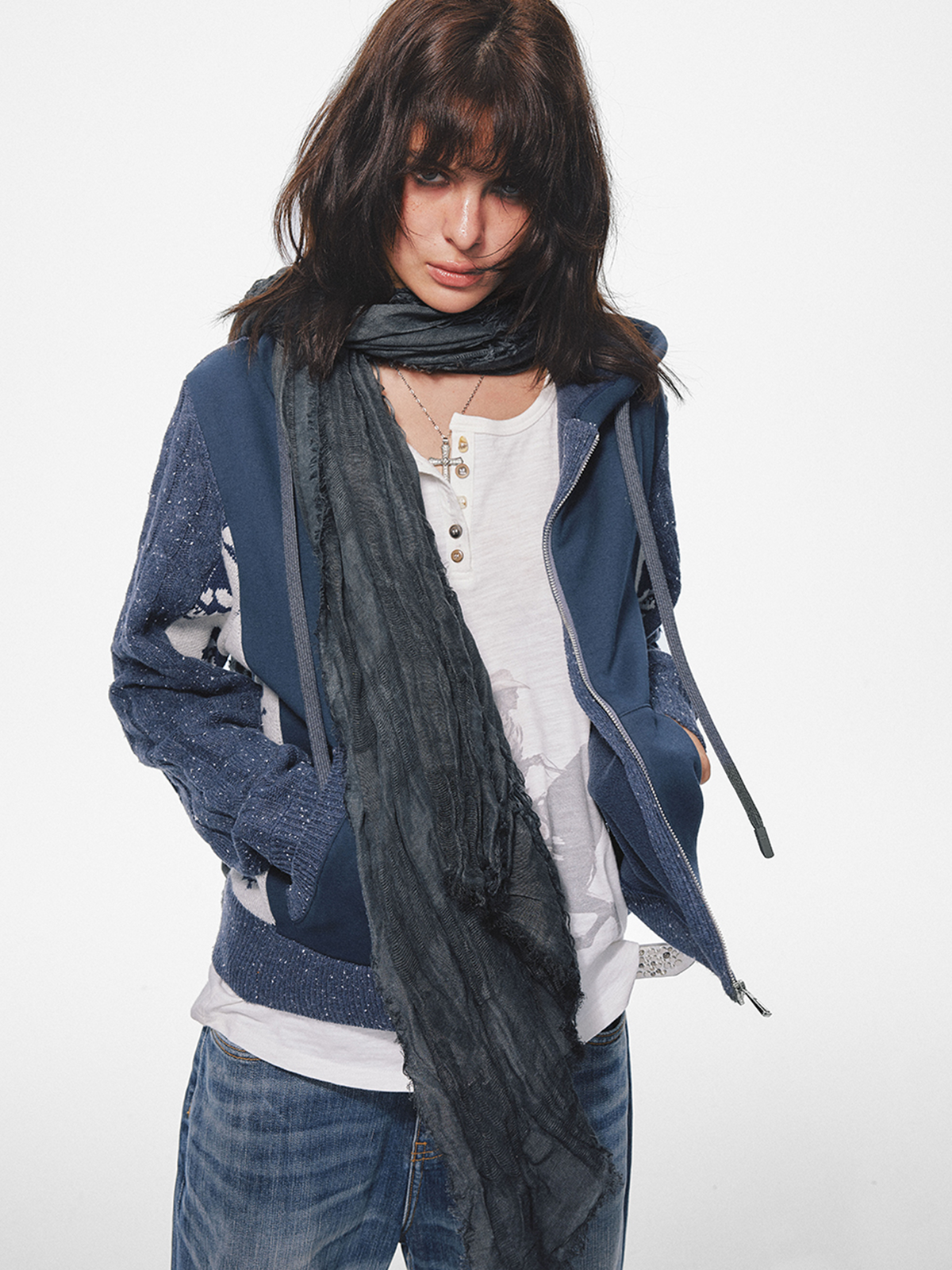 TRECLUB Skull Graphic Spliced Zip-Up Knit Hoodie