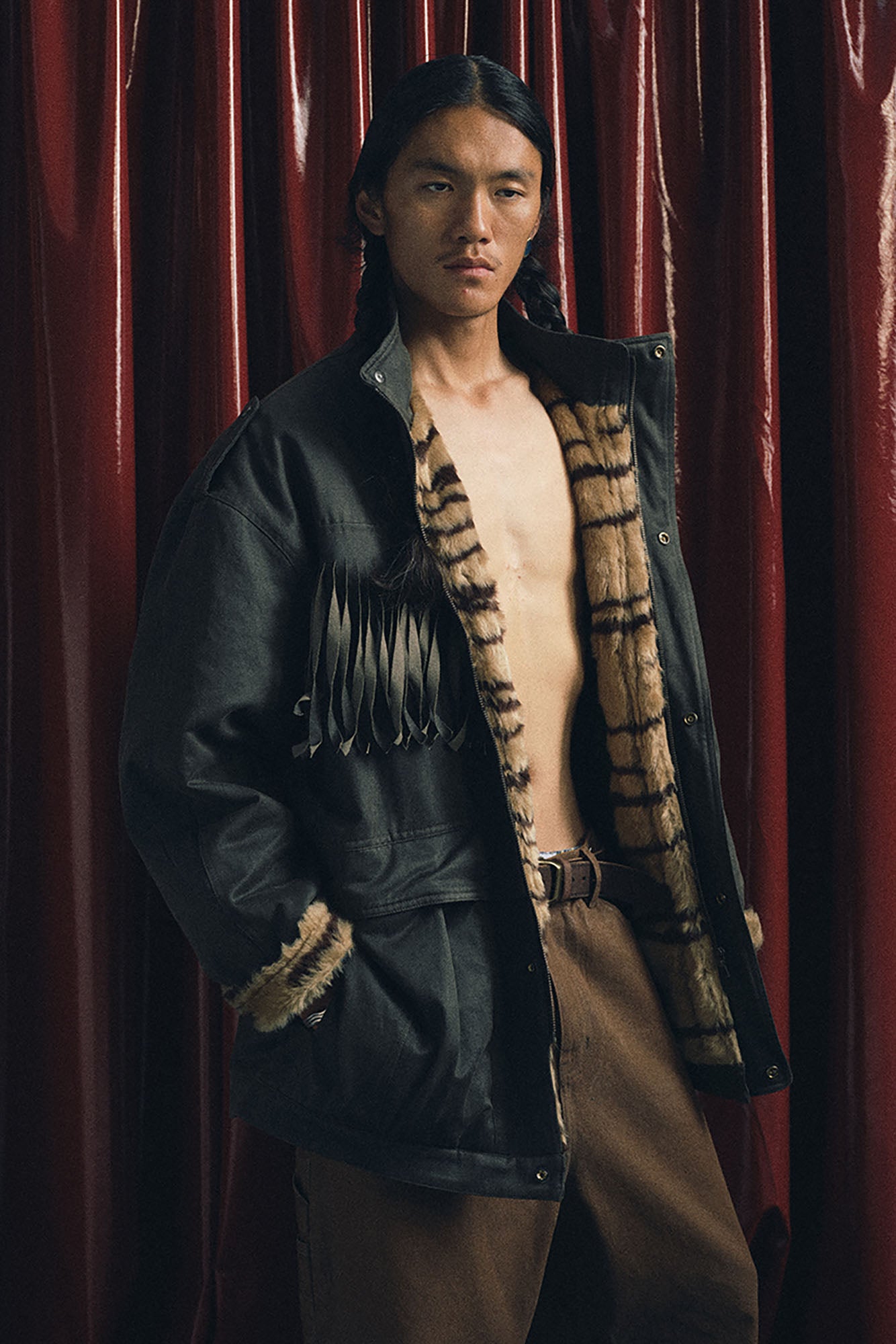 TRECLUB Tiger Stripe Lining Fringe Parka