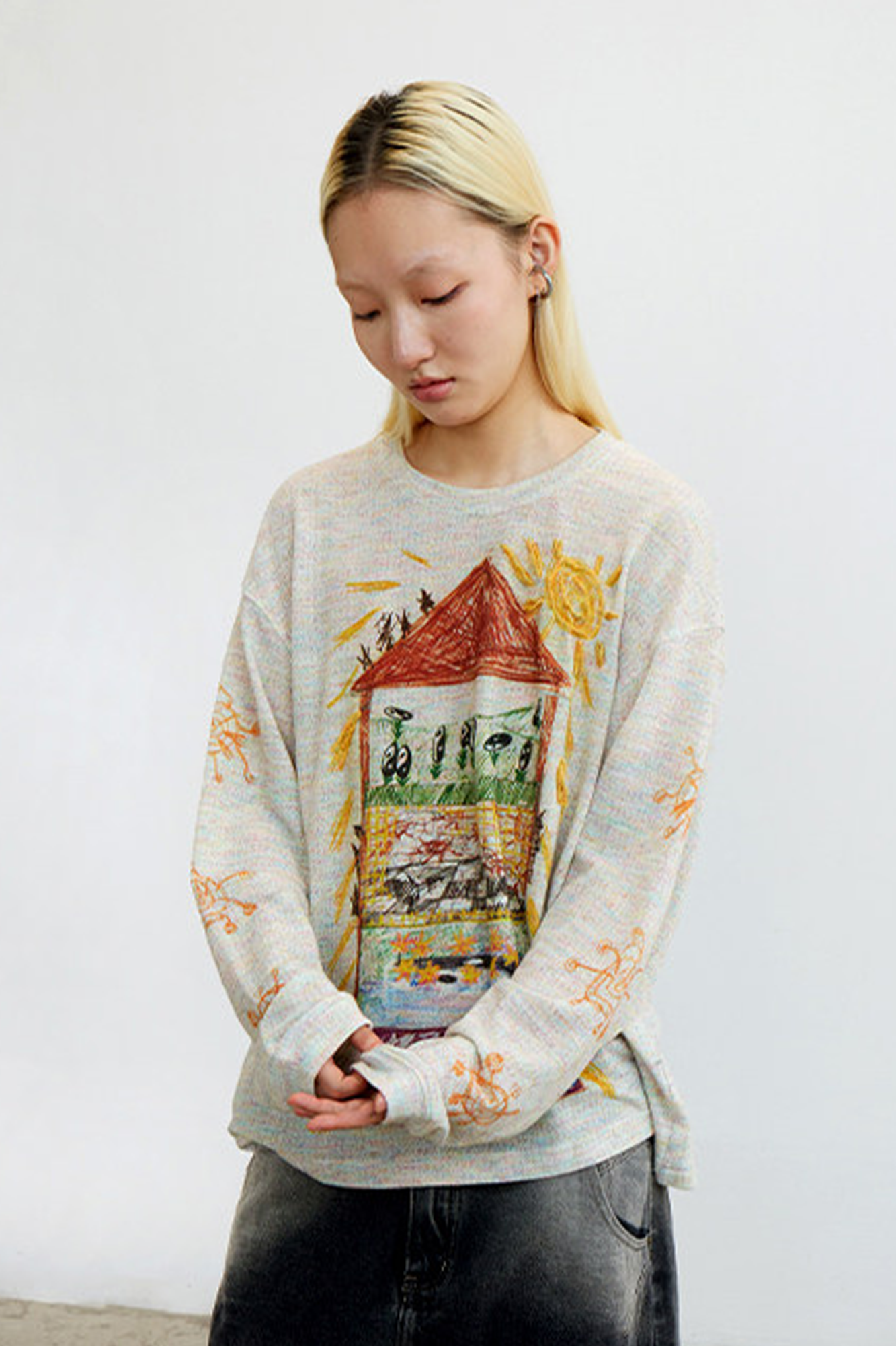 CONPCONP Doodle House Graphic Oversized Long-Sleeve Tee