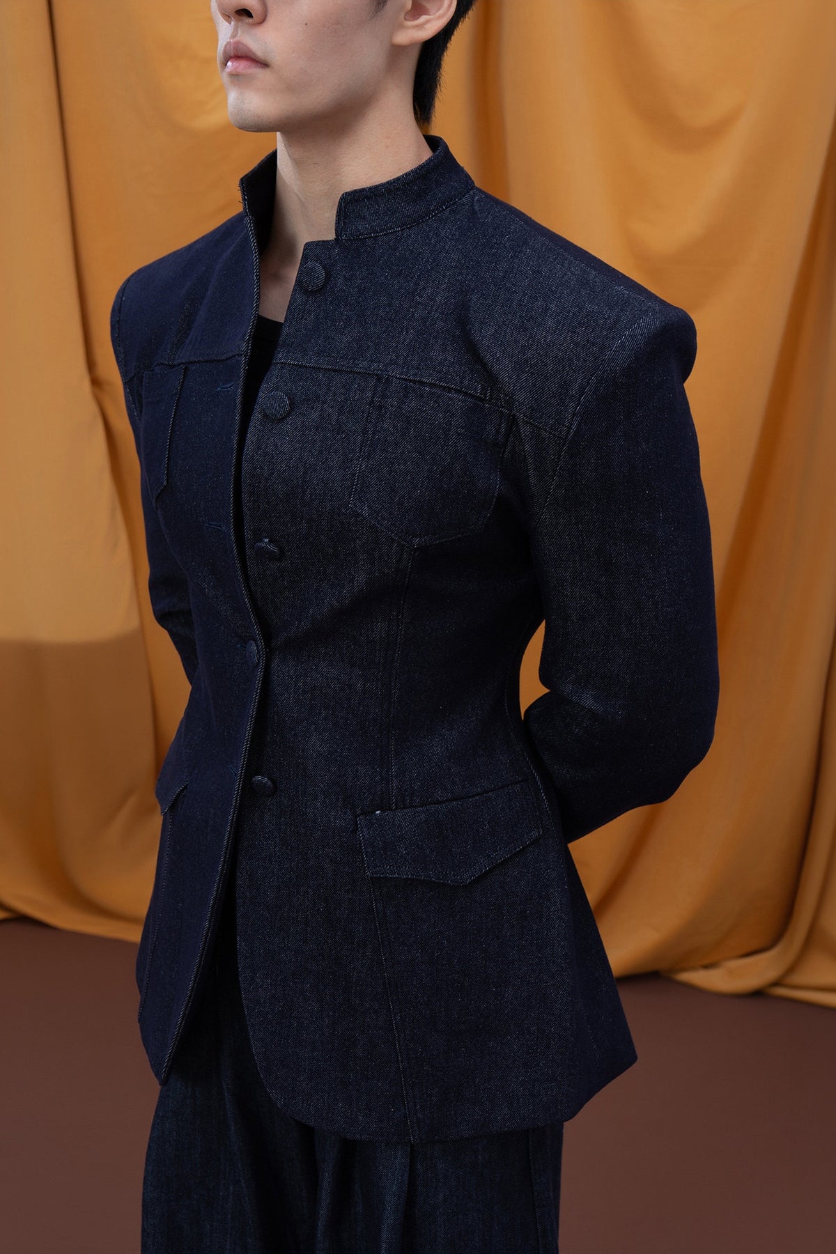CLP Mandarin Collar Multi-Pocket Fitted Denim Jacket — half body
