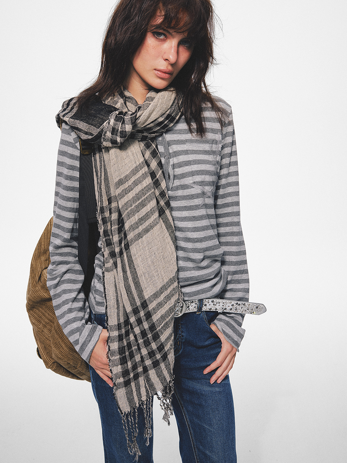 TRECLUB Retro Frayed-Edge Plaid Scarf, premium urban and streetwear designers apparel on PROJECTISR.com, TRECLUB