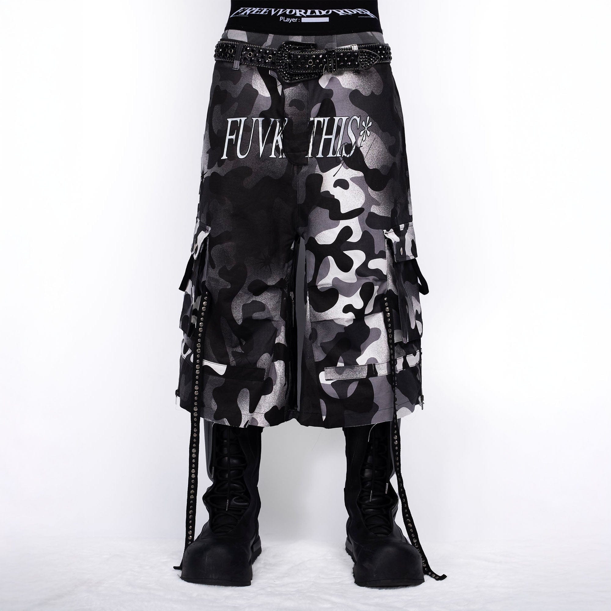 FVVO Distressed Rivet Strap Cargo Shorts Camo, premium urban and streetwear designers apparel on PROJECTISR.com, FVVO