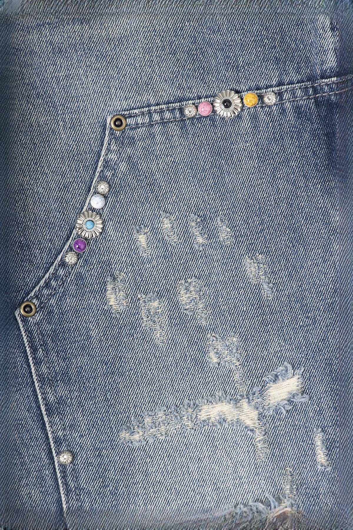 ZWDH Turquoise Studded Straight-Leg Jeans — flat-lay detail