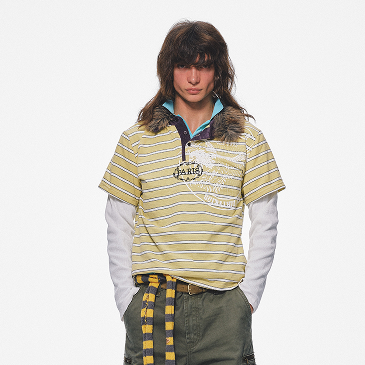 TRECLUB Fur-Collar Embroidered Striped Layered Long-Sleeve Tee