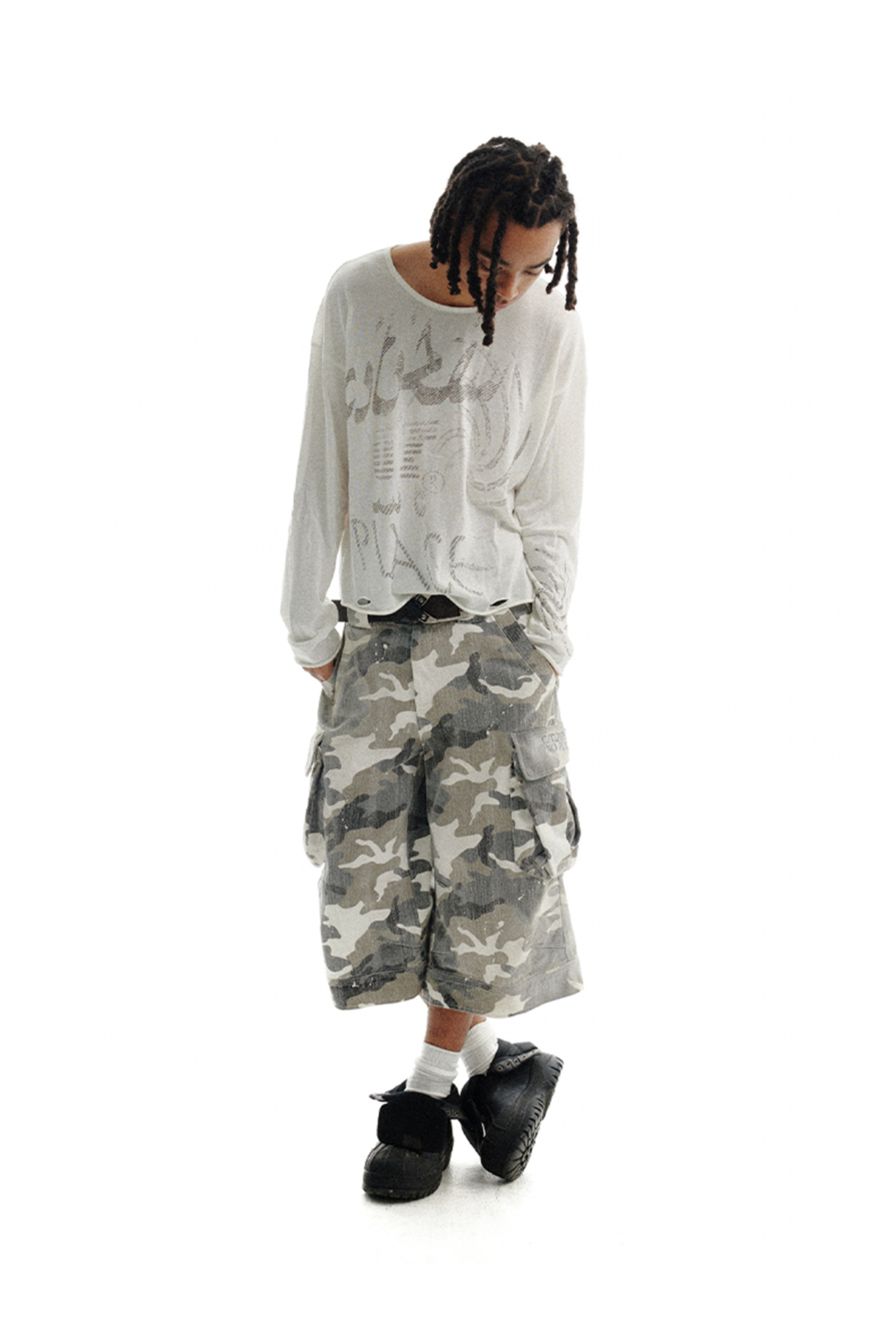 CONPCONP Distressed Spray-Dye Camo Shorts