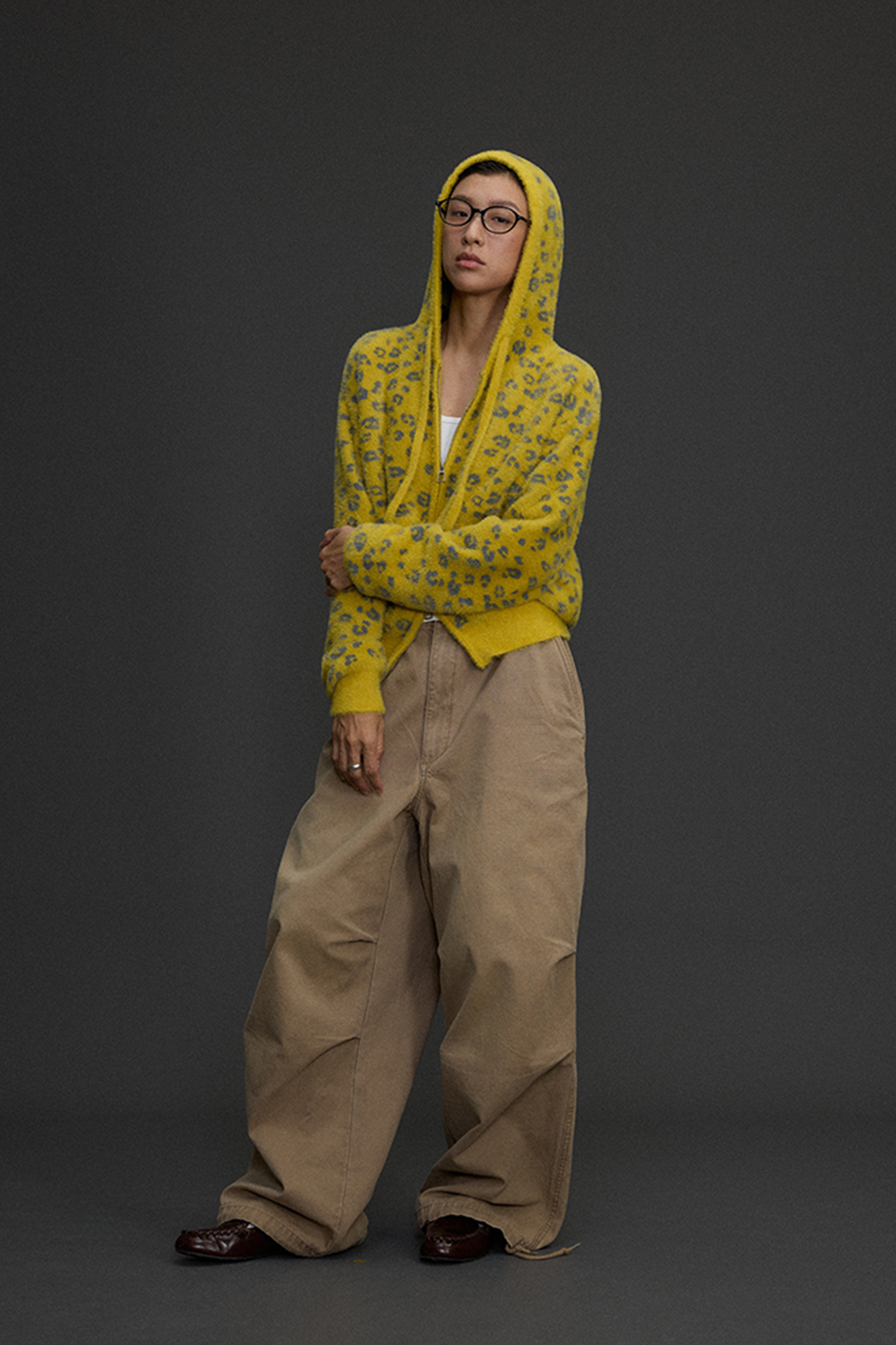 NIANJIUYIKOUER Fuzzy Leopard Jacquard Zip-Up Hoodie Cardigan, premium urban and streetwear designers apparel on PROJECTISR.com, NIANJIUYIKOUER