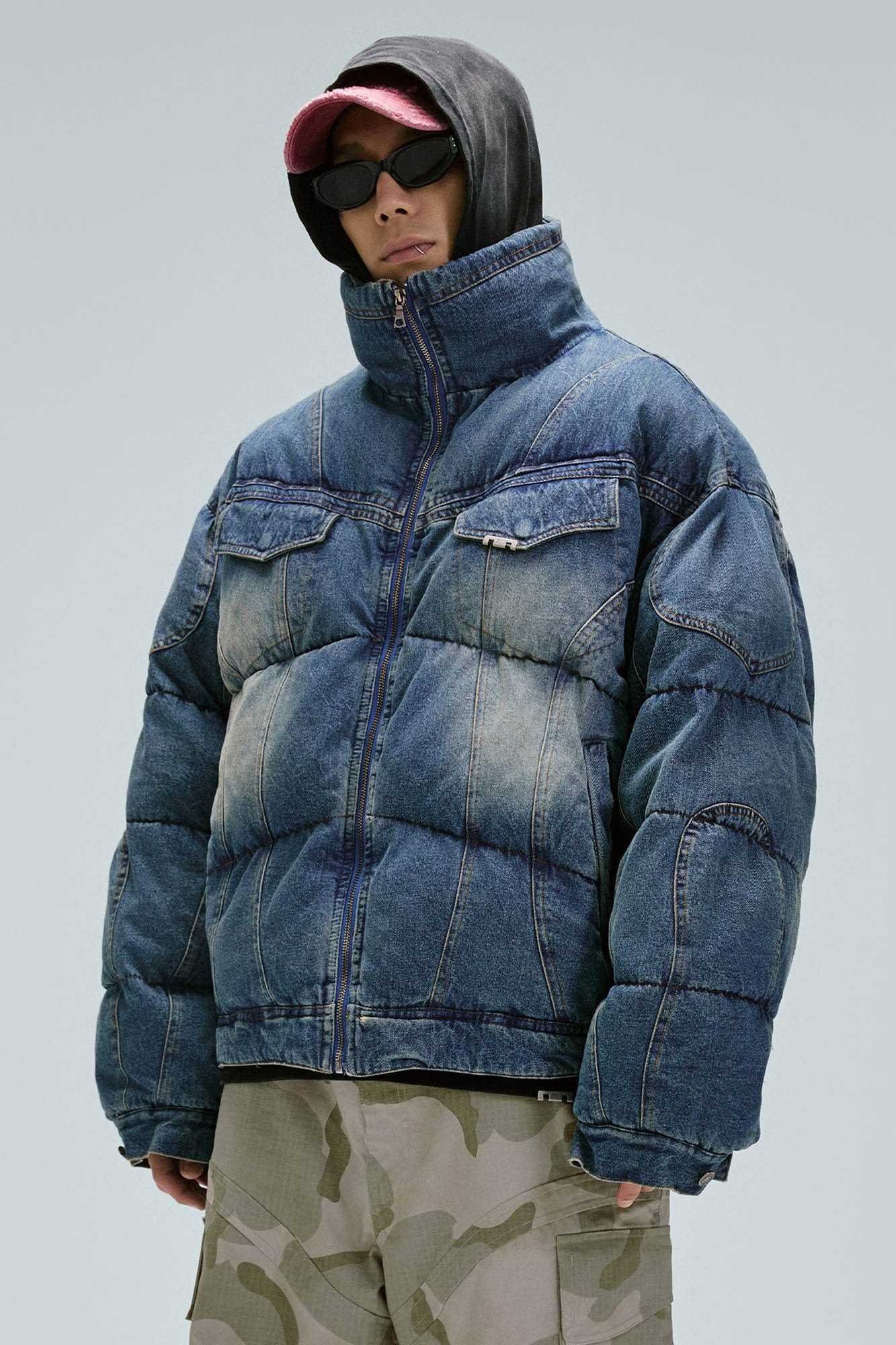 F2CE Washed Spliced Denim Puffer Jacket