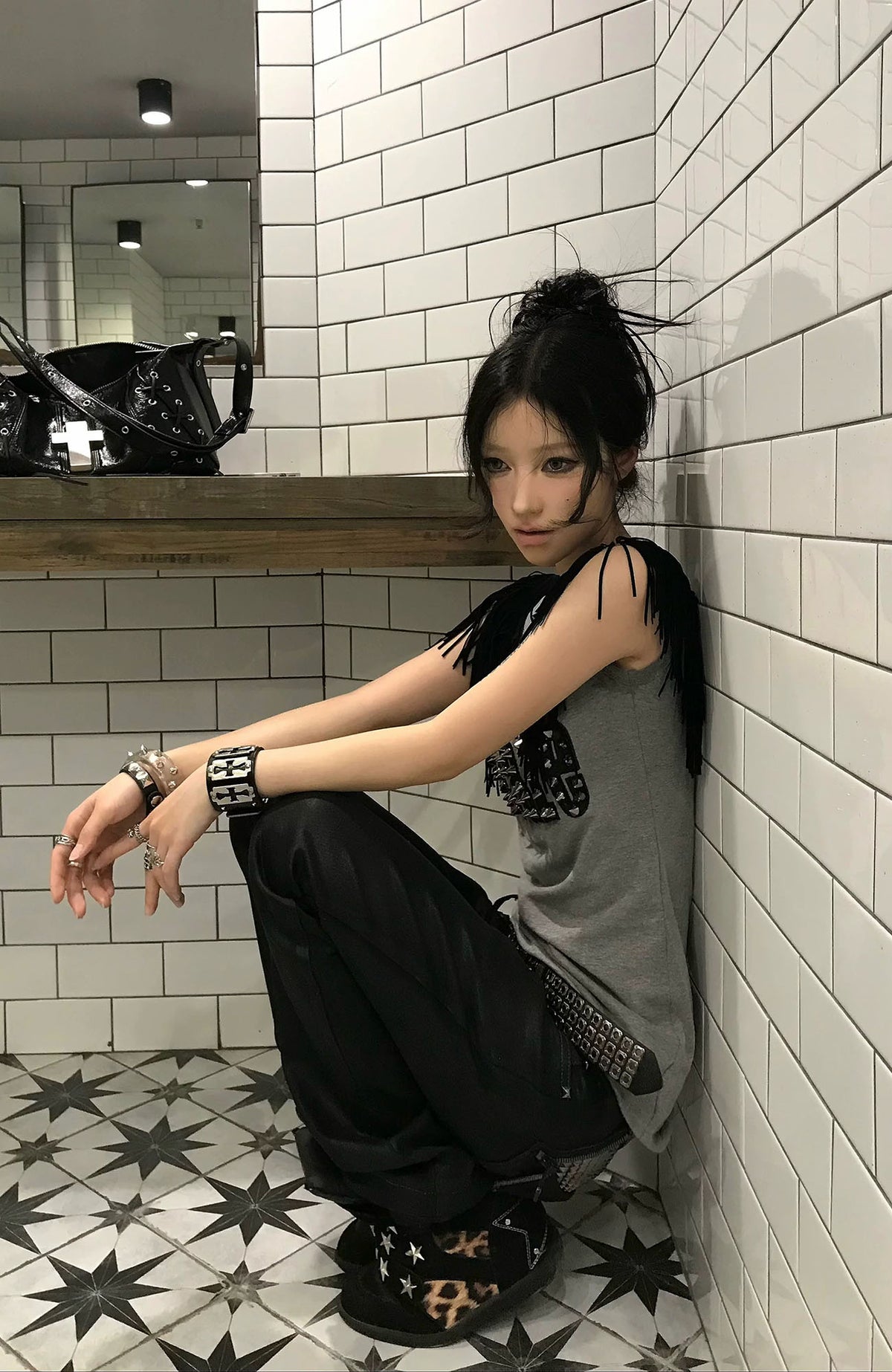 REBEL WAVE Cross Blade Punk Leather Cuff Bracelet