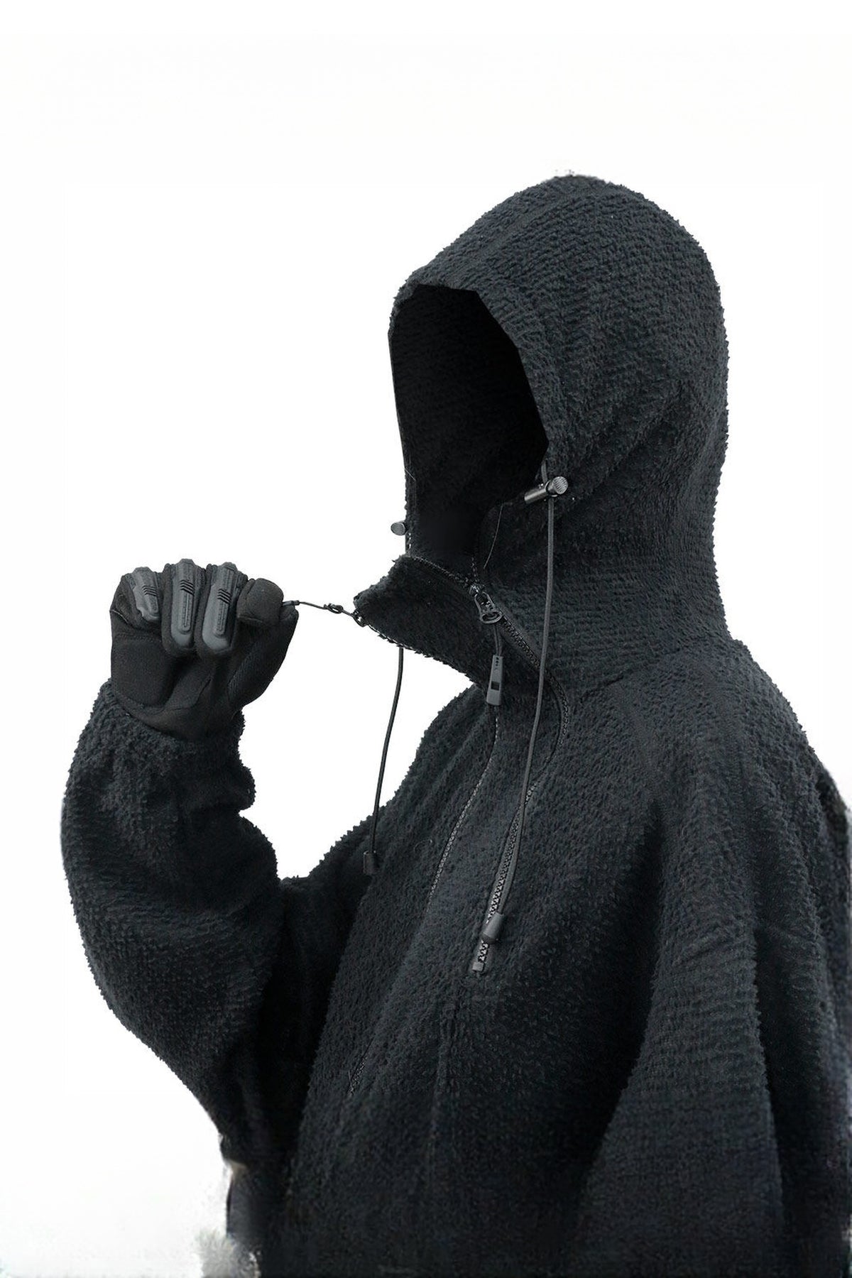RELABEL Deconstructed Spliced Fleece-Lined Hooded Jacket — detail · Black