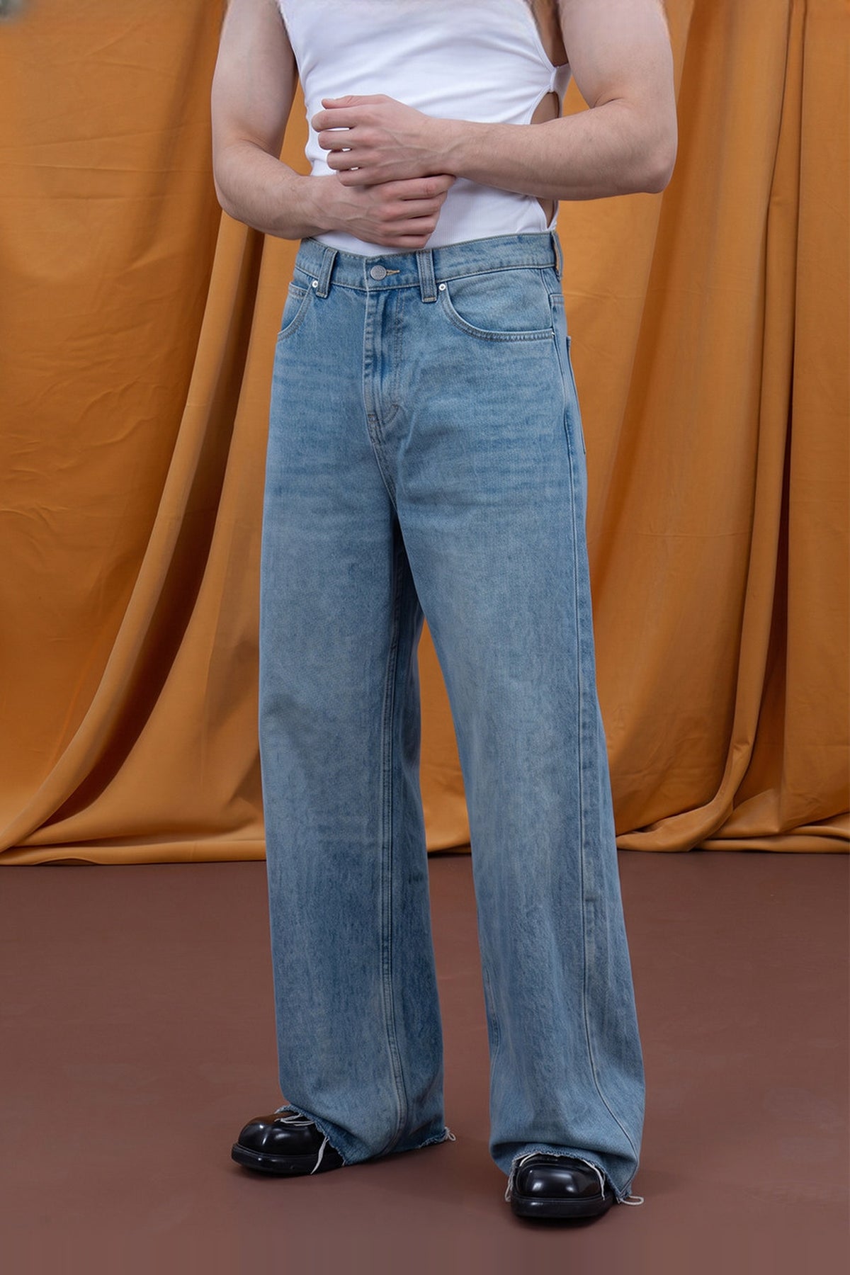 CLP Retro Distressed Frayed Wide-Leg Jeans — half body