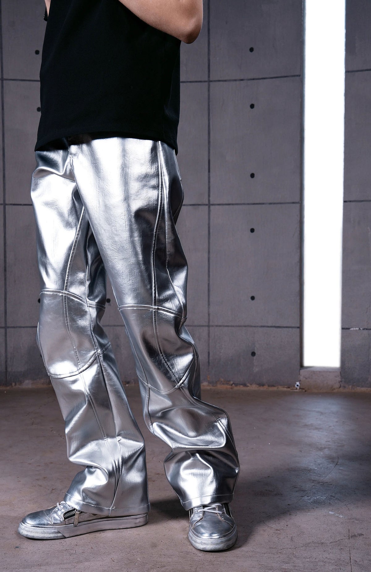 REBEL WAVE Silver Liquid Faux Leather Straight-Leg Pants