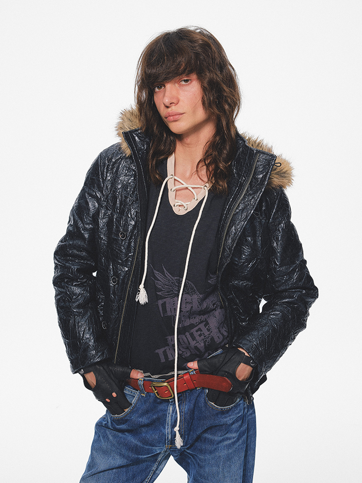 TRECLUB Crinkled Faux Leather Fur-Collar Hooded Jacket, premium urban and streetwear designers apparel on PROJECTISR.com, TRECLUB