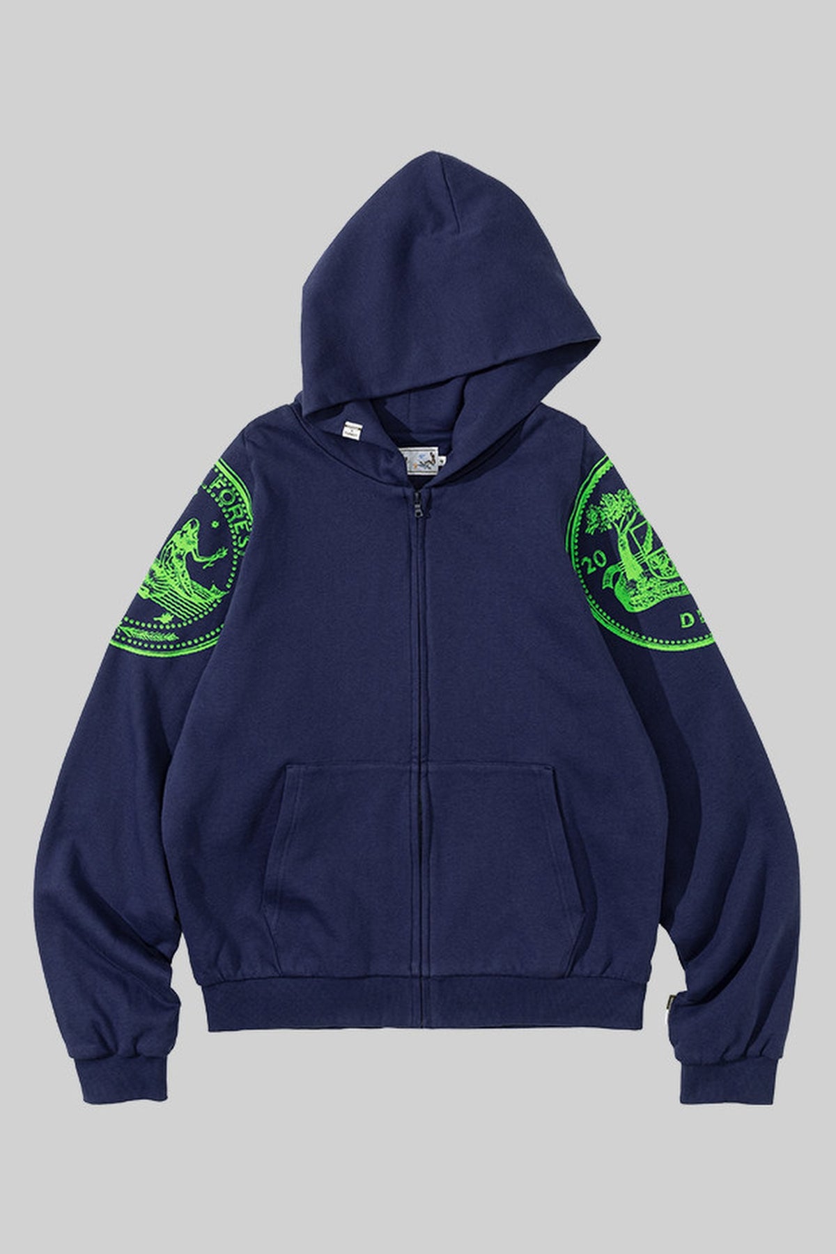 URBAN+FOREST Mythic Coin Graphic Double-Layer Hooded Jacket — flat lay · Navy