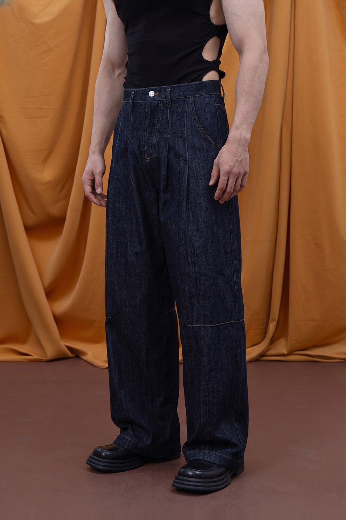 CLP Pleated Washed Wide-Leg Jeans — half body