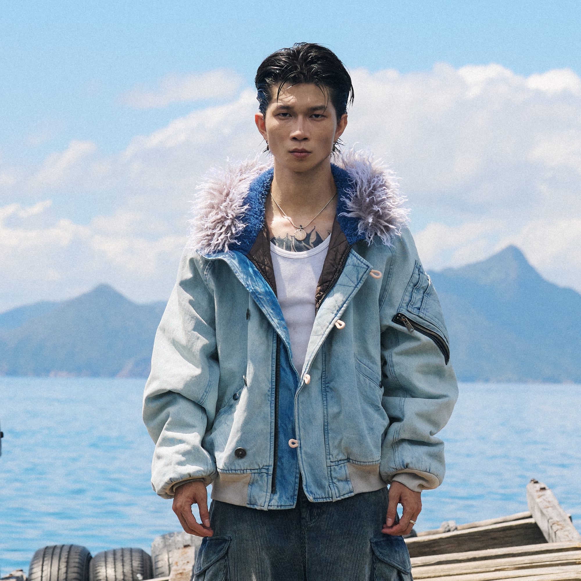 AVINMADE Denim Fur-Trimmed Hooded Bomber Jacket