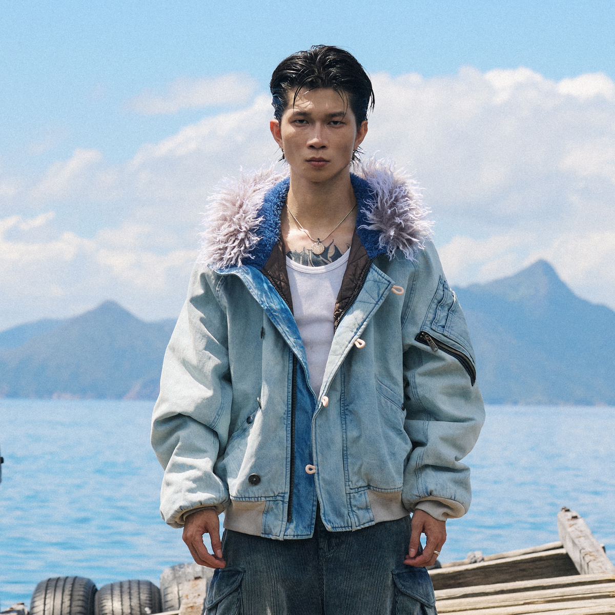 AVINMADE Denim Fur-Trimmed Hooded Bomber Jacket