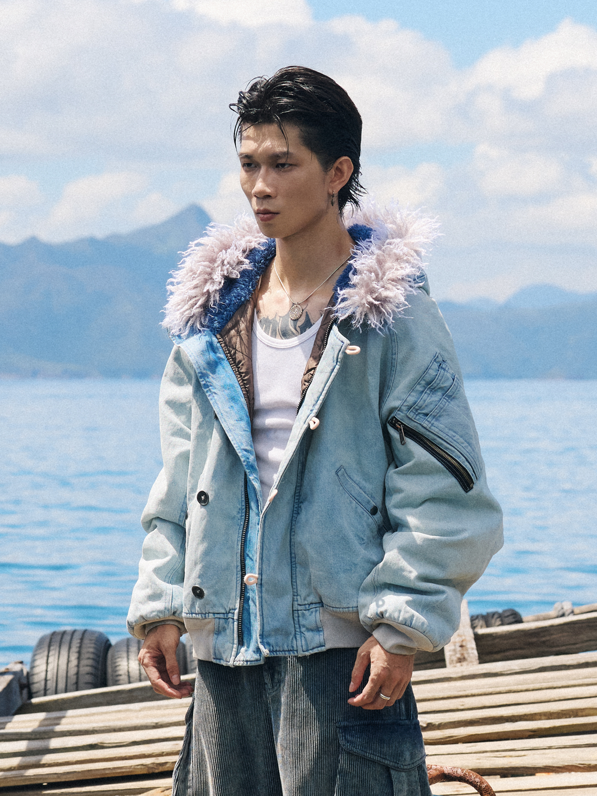 AVINMADE Denim Fur-Trimmed Hooded Bomber Jacket