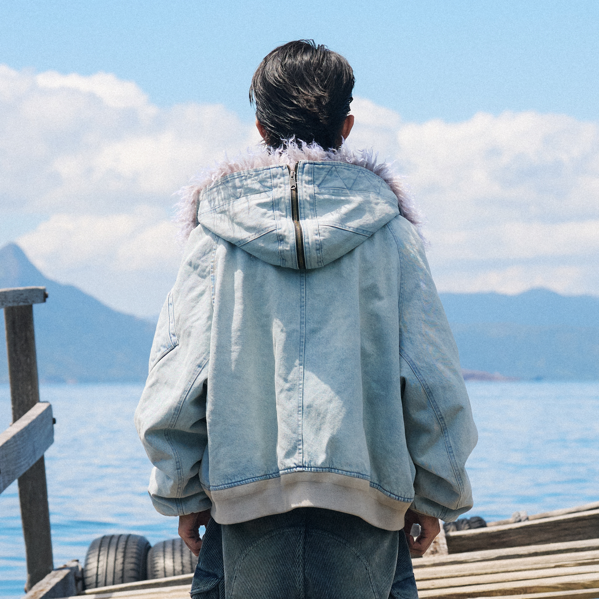 AVINMADE Denim Fur-Trimmed Hooded Bomber Jacket