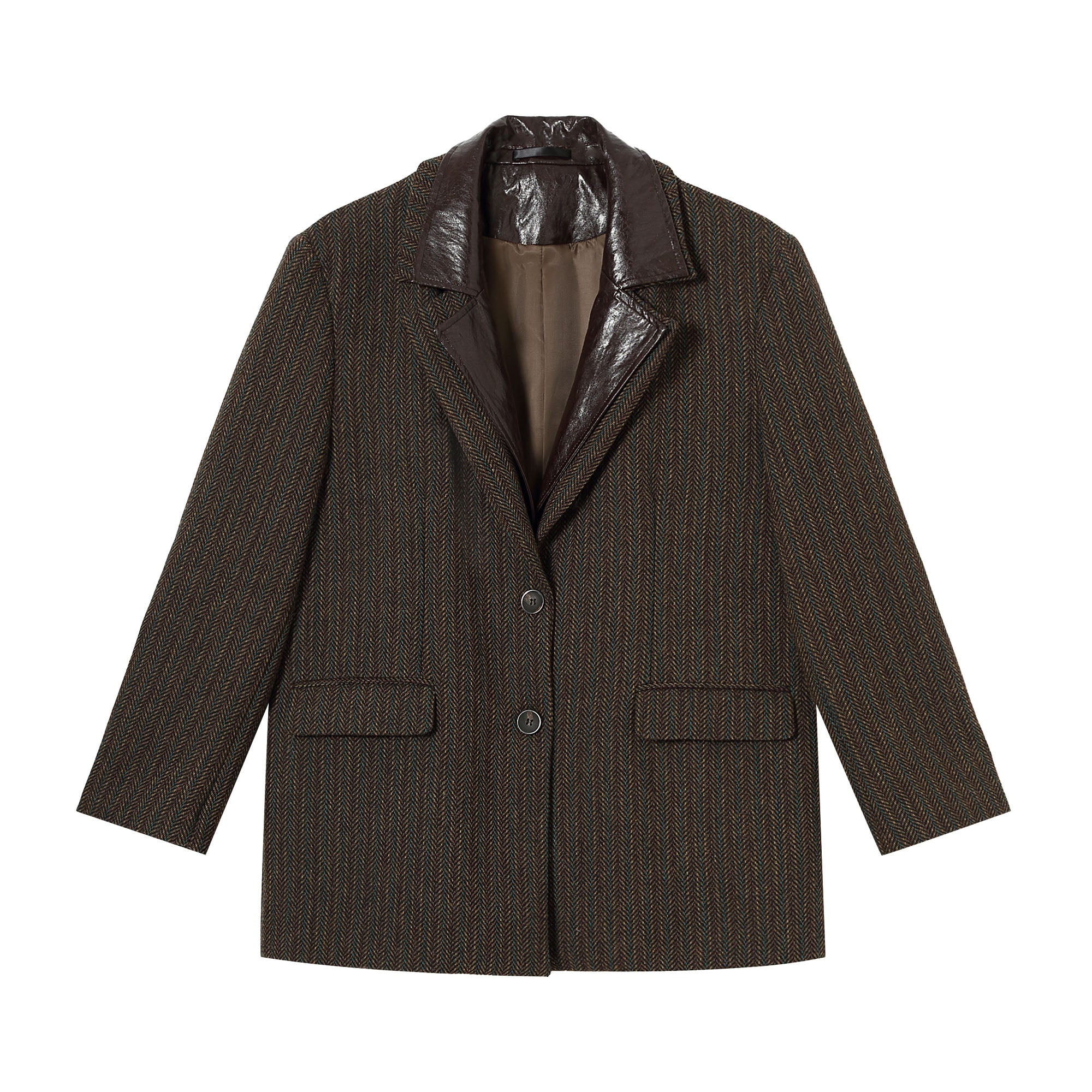 CLP Faux Leather Layered Collar Herringbone Blazer