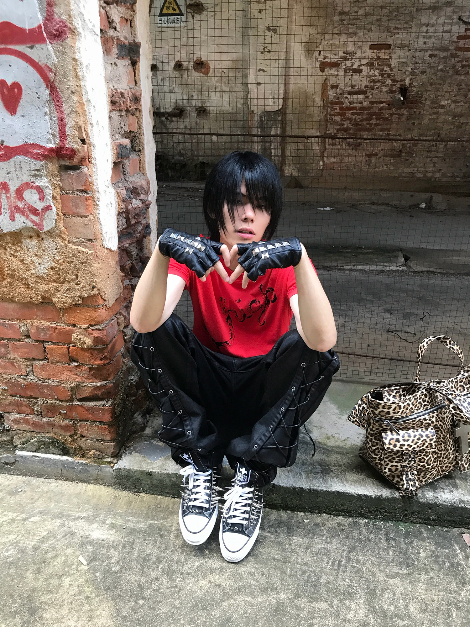 REBEL WAVE Cross Studded Fingerless Leather Gloves