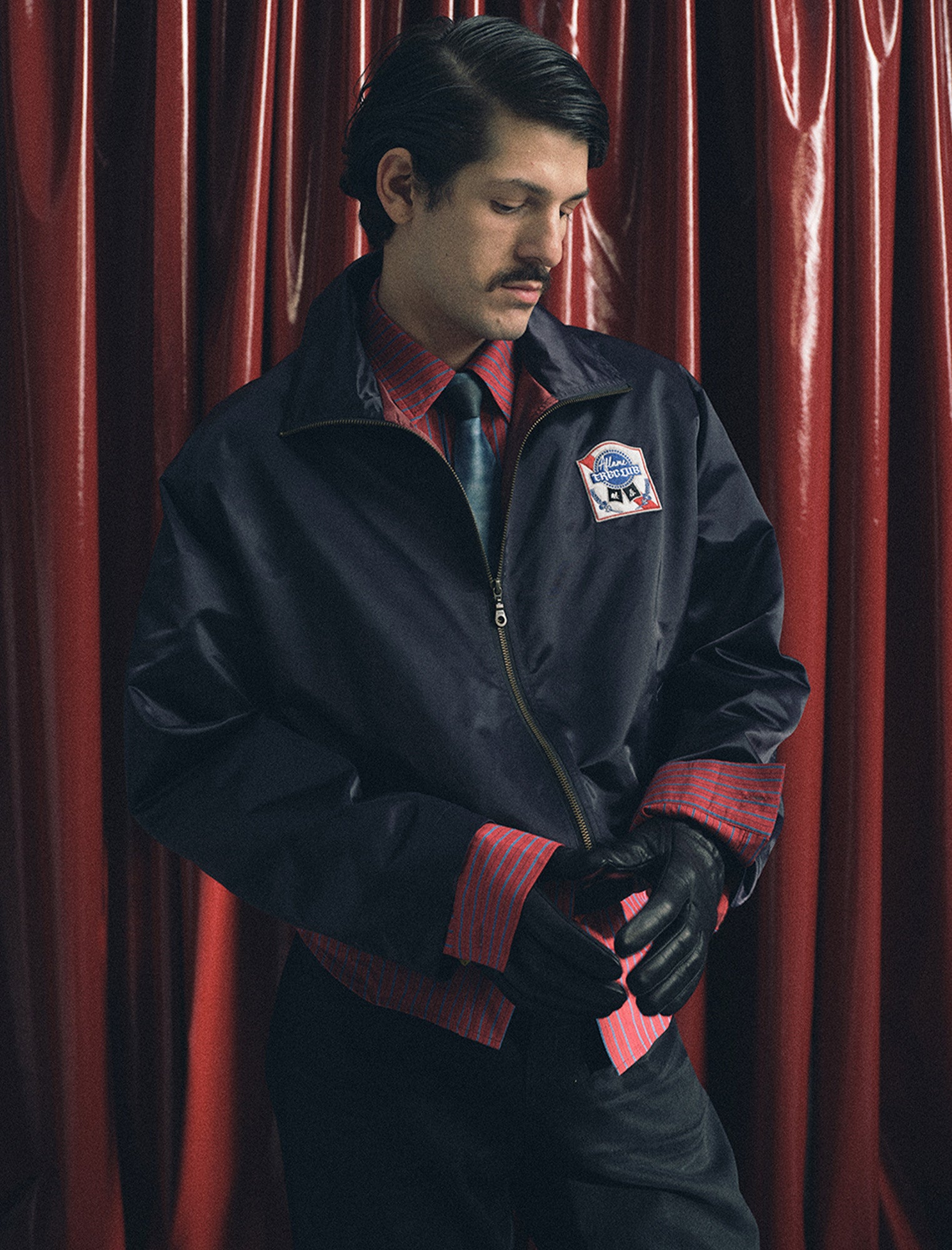 TRECLUB Retro Satin Badge-Patch Blouson, premium urban and streetwear designers apparel on PROJECTISR.com, TRECLUB