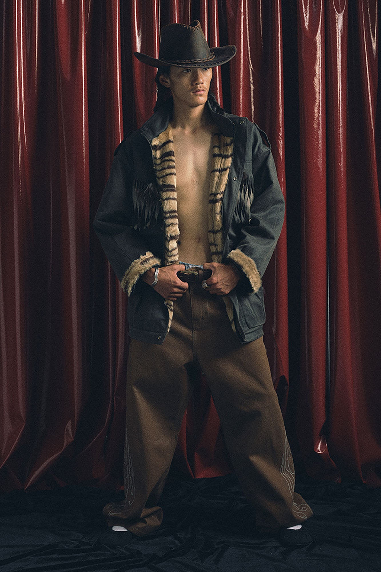 TRECLUB Tiger Stripe Lining Fringe Parka