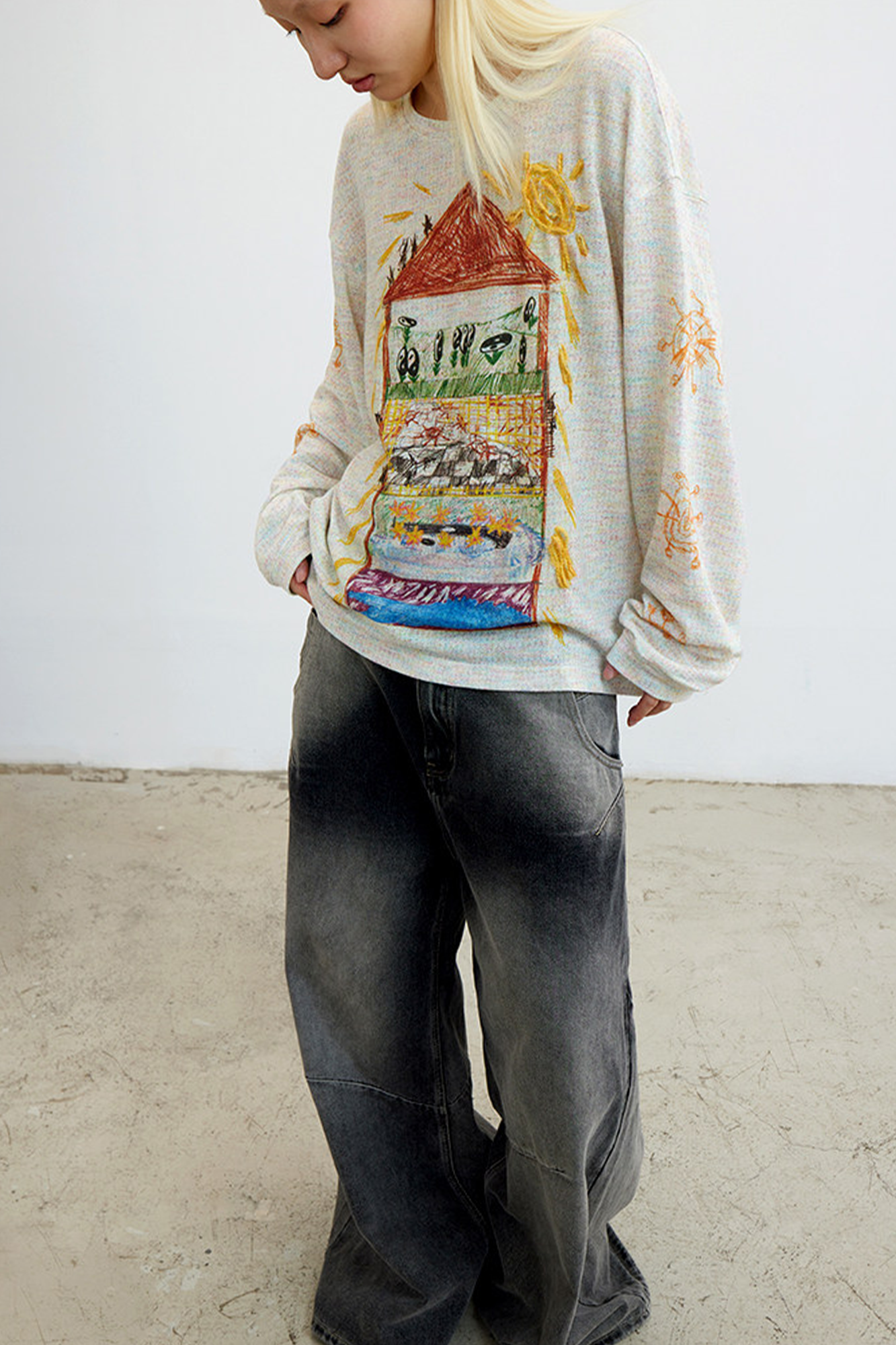 CONPCONP Doodle House Graphic Oversized Long-Sleeve Tee