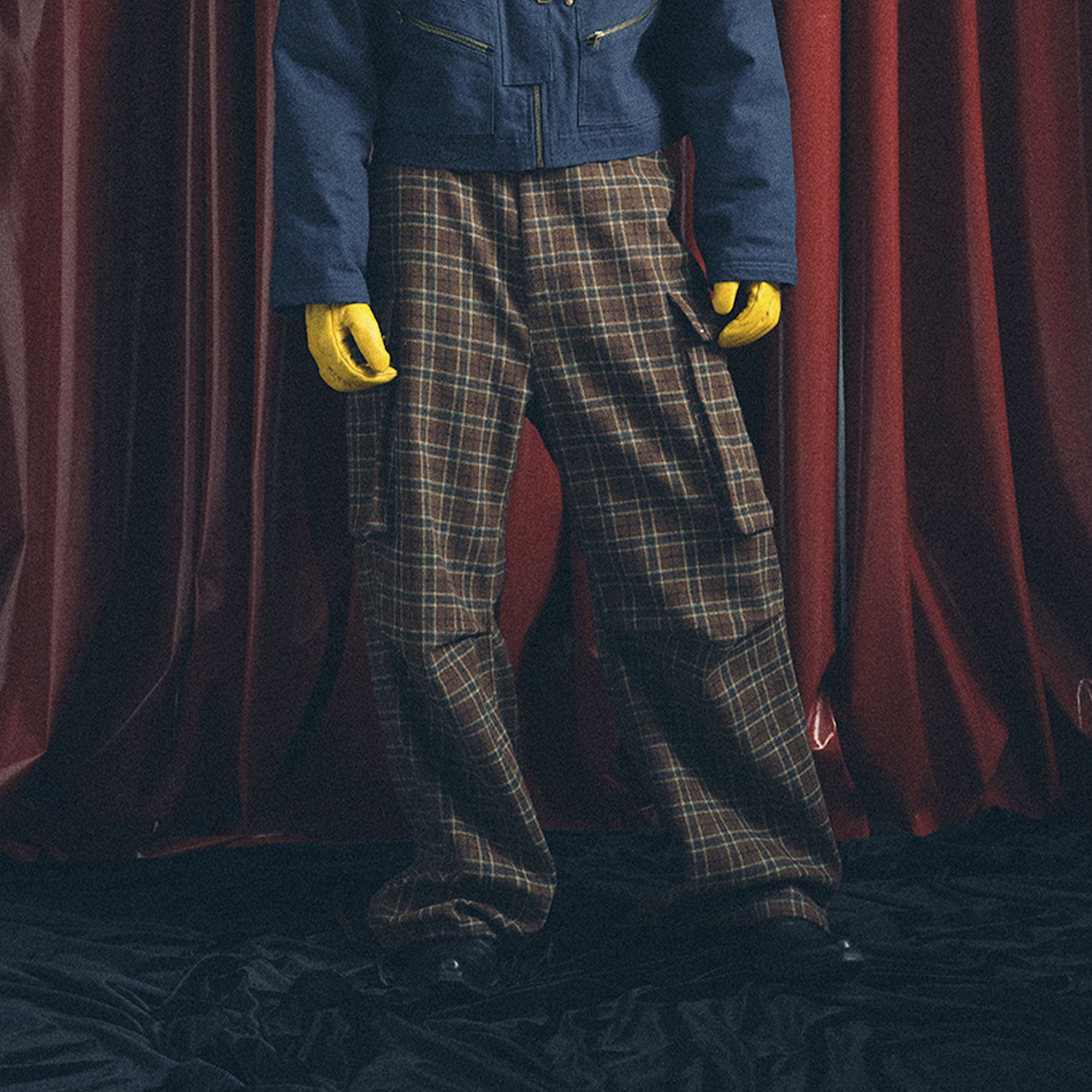 TRECLUB Plaid Pleated-Knee Wide-Leg Cargo Pants, premium urban and streetwear designers apparel on PROJECTISR.com, TRECLUB